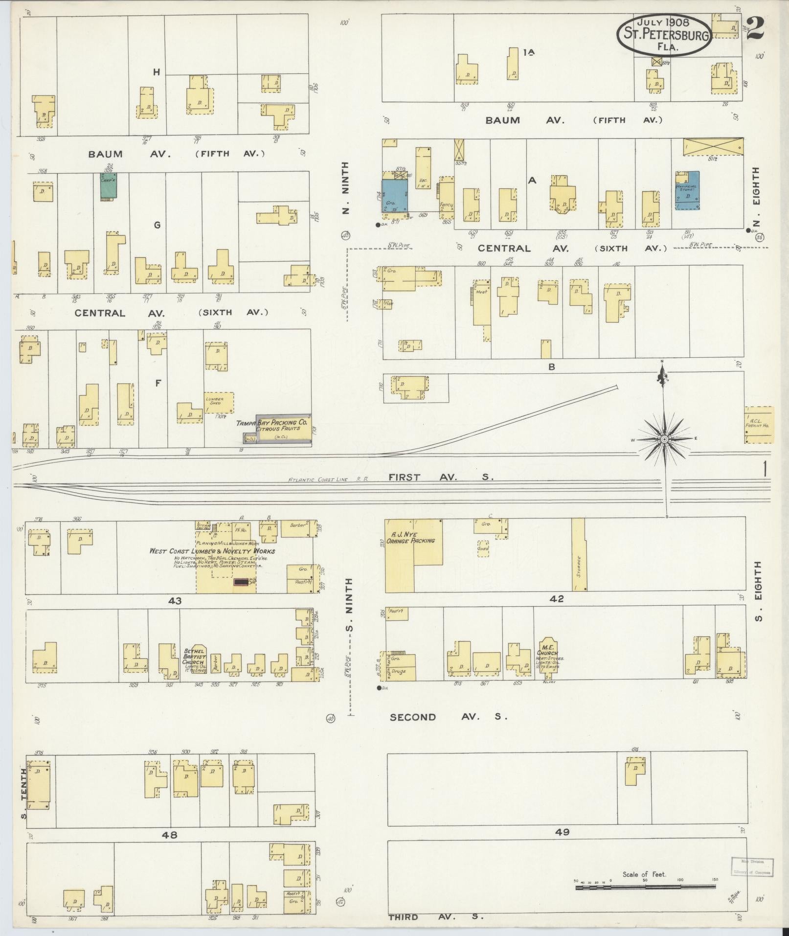 Sanborn Fire Insurance Map from Saint Petersburg, Pinellas County, Florida (1908), Sheet #0002 - Complete Map Set gallery image, historic Sanborn map, vintage wall art, Florida Florida
