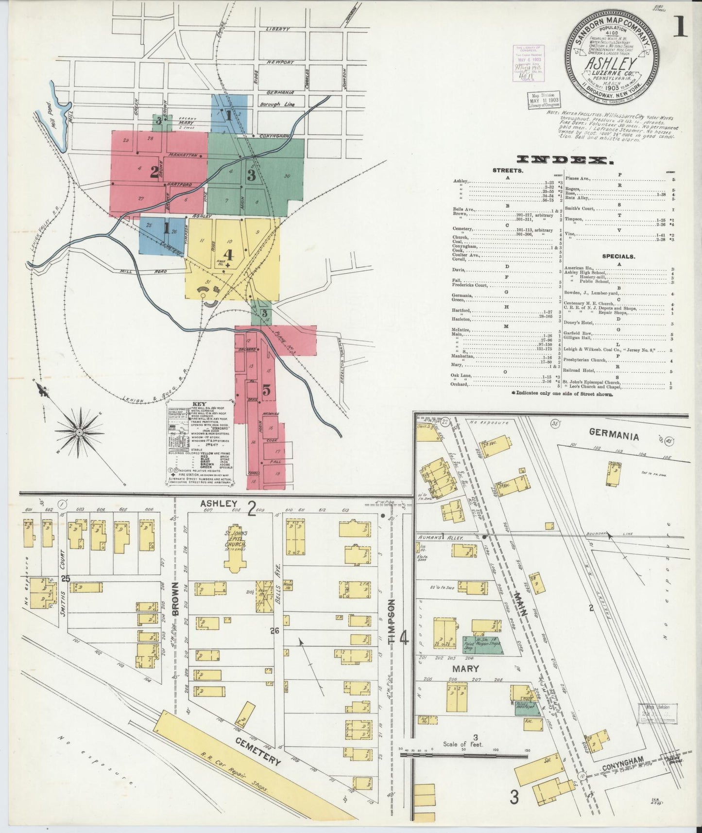 Sanborn Fire Insurance Map from Ashley, Luzerne County, Pennsylvania (1903), Sheet #0001 - Historic Sanborn Fire Insurance Map Print, vintage old map wall art, antique decor, genealogy gift, Pennsylvania Pennsylvania map