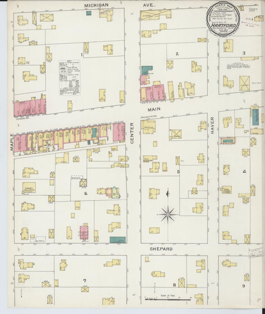 Sanborn Fire Insurance Map from Hartford, Van Buren County, Michigan (1893), Sheet #0001 - Historic Sanborn Fire Insurance Map Print, vintage old map wall art, antique decor, genealogy gift, Michigan Michigan map
