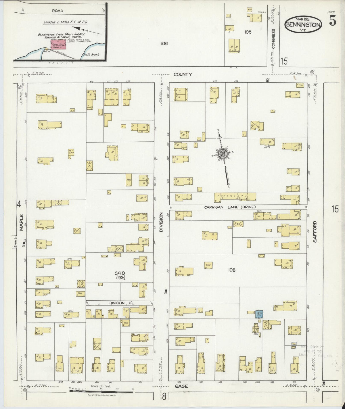 Sanborn Fire Insurance Map from Bennington, Bennington County, Vermont (1921), Sheet #0005 - Complete Map Set gallery image, historic Sanborn map, vintage wall art, Vermont Vermont