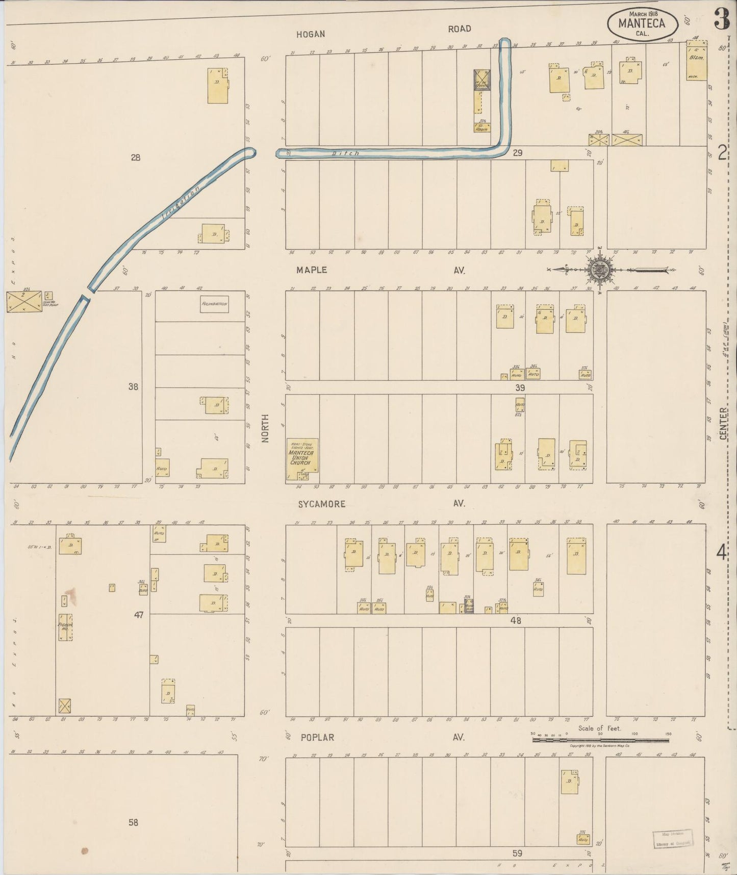 Sanborn Fire Insurance Map from Manteca, San Joaquin County, California (1918), Sheet #0003 - Historic Sanborn Fire Insurance Map Print, vintage old map wall art, antique decor, genealogy gift, California California map