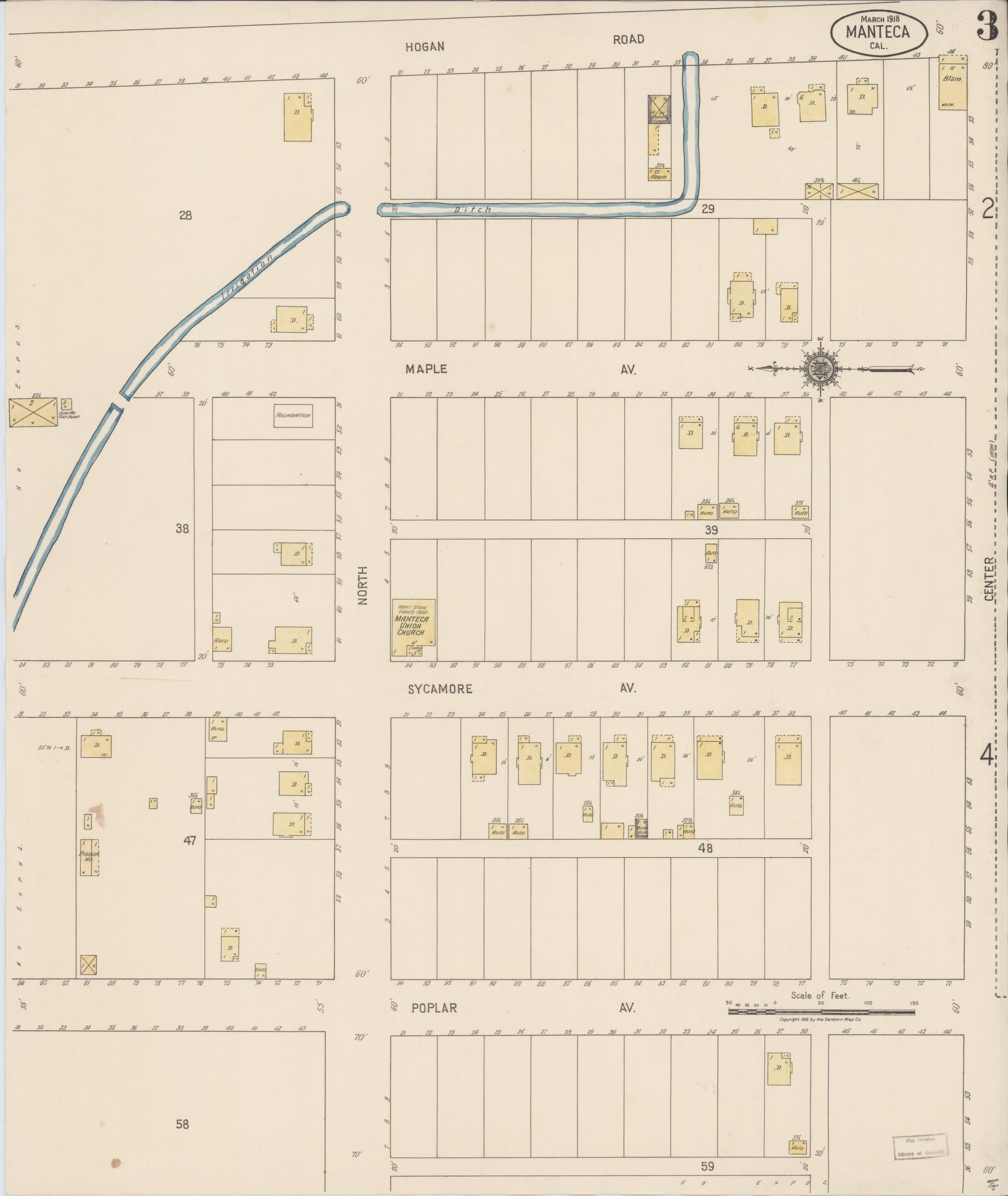 Sanborn Fire Insurance Map from Manteca, San Joaquin County, California (1918), Sheet #0003 - Historic Sanborn Fire Insurance Map Print, vintage old map wall art, antique decor, genealogy gift, California California map