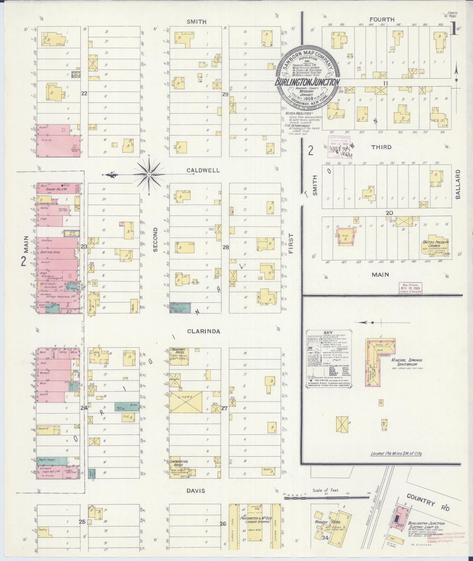 Sanborn Fire Insurance Map from Burlington Junction, Nodaway County, Missouri (1909), Sheet #0001 - Historic Sanborn Fire Insurance Map Print, vintage old map wall art, antique decor, genealogy gift, Missouri Missouri map