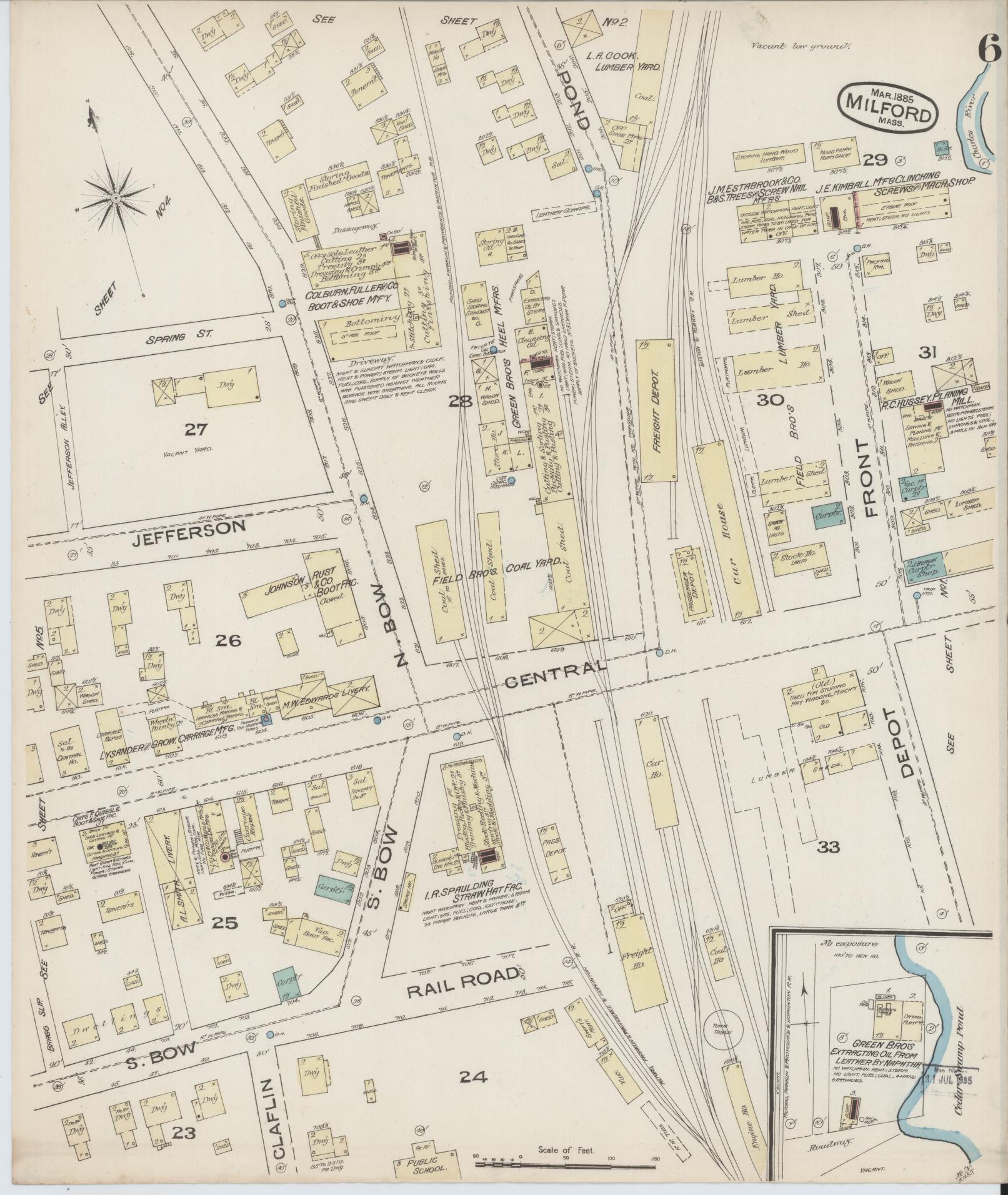 Sanborn Fire Insurance Map from Milford, Worcester County, Massachusetts (1885), Sheet #0006 - Complete Map Set gallery image, historic Sanborn map, vintage wall art, Massachusetts Massachusetts