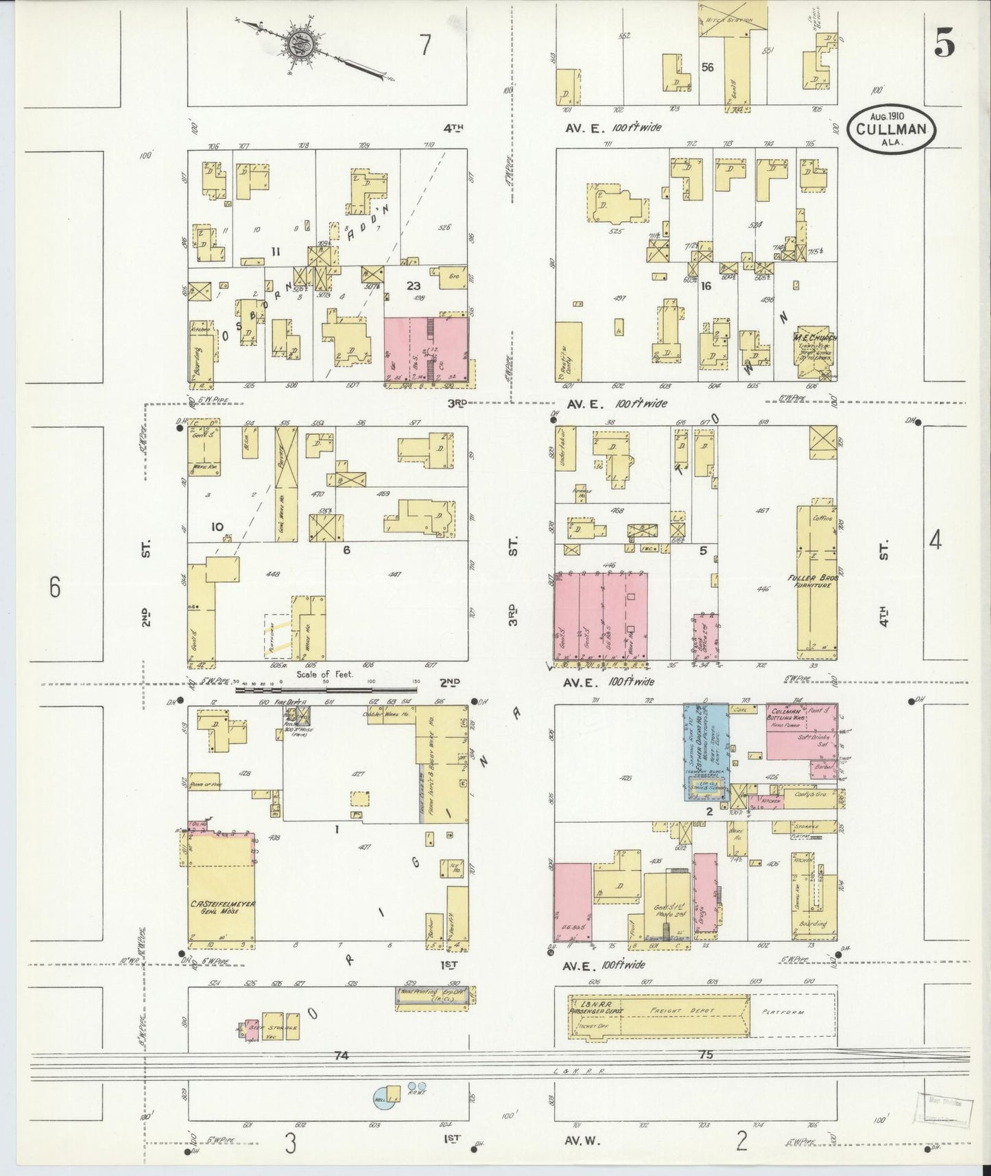 Sanborn Fire Insurance Map from Cullman, Cullman County, Alabama (1910), Sheet #0005 - Historic Sanborn Fire Insurance Map Print, vintage old map wall art, antique decor, genealogy gift, Alabama Alabama map
