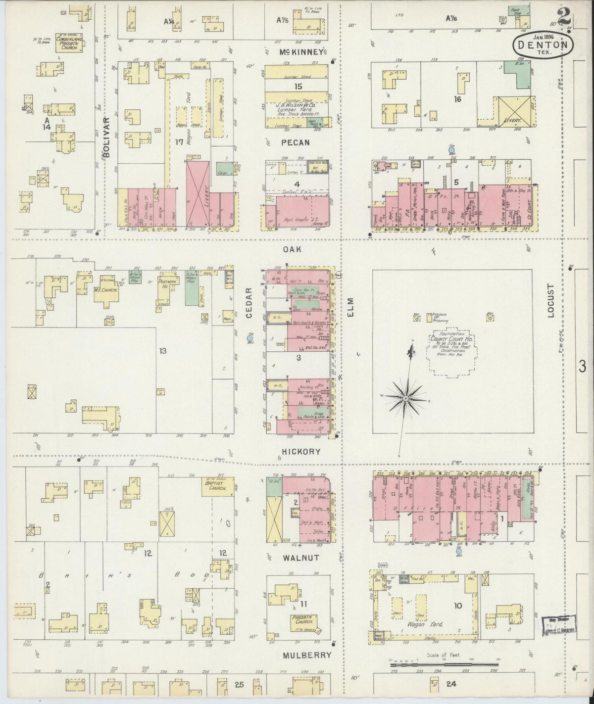 Sanborn Fire Insurance Map from Denton, Denton County, Texas (1896), Sheet #0002 - Historic Sanborn Fire Insurance Map Print, vintage old map wall art, antique decor, genealogy gift, Texas Texas map