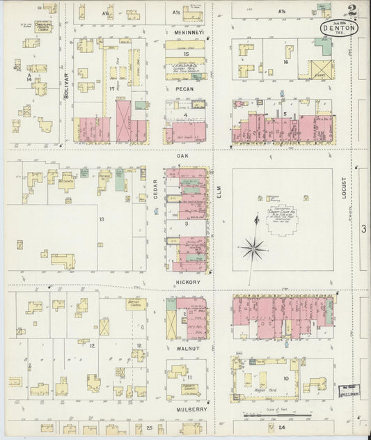 Sanborn Fire Insurance Map from Denton, Denton County, Texas (1896), Sheet #0002 - Historic Sanborn Fire Insurance Map Print, vintage old map wall art, antique decor, genealogy gift, Texas Texas map
