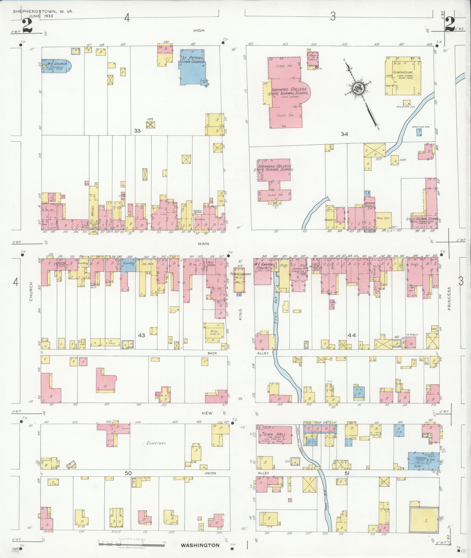 Sanborn Fire Insurance Map from Shepherdstown, Jefferson County, West Virginia (1933), Sheet #0002 - Historic Sanborn Fire Insurance Map Print, vintage old map wall art, antique decor, genealogy gift, West Virginia West Virginia map