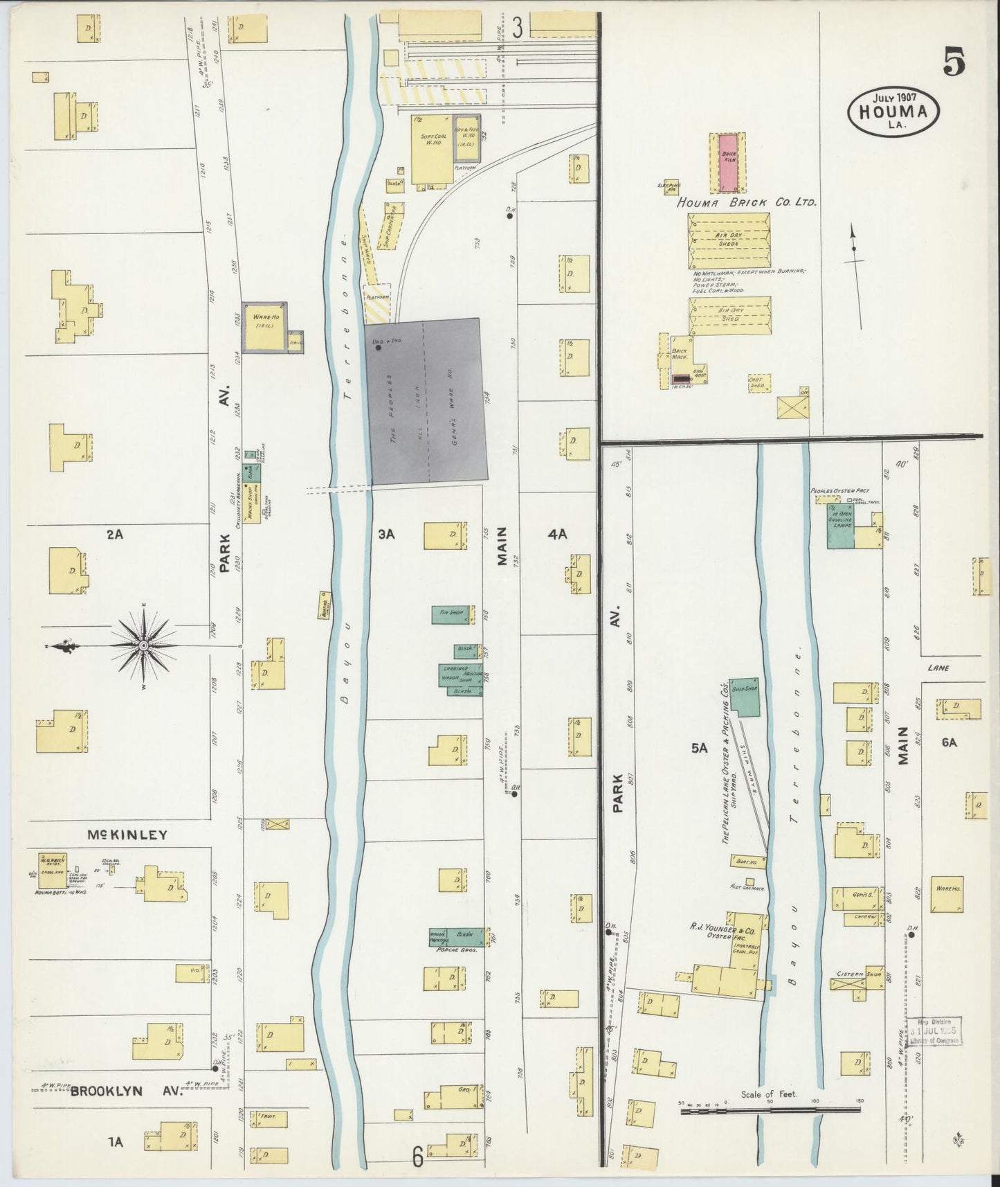 Sanborn Fire Insurance Map from Houma, Terrebonne Parish, Louisiana (1907), Sheet #0005 - Complete Map Set gallery image, historic Sanborn map, vintage wall art, Louisiana Louisiana