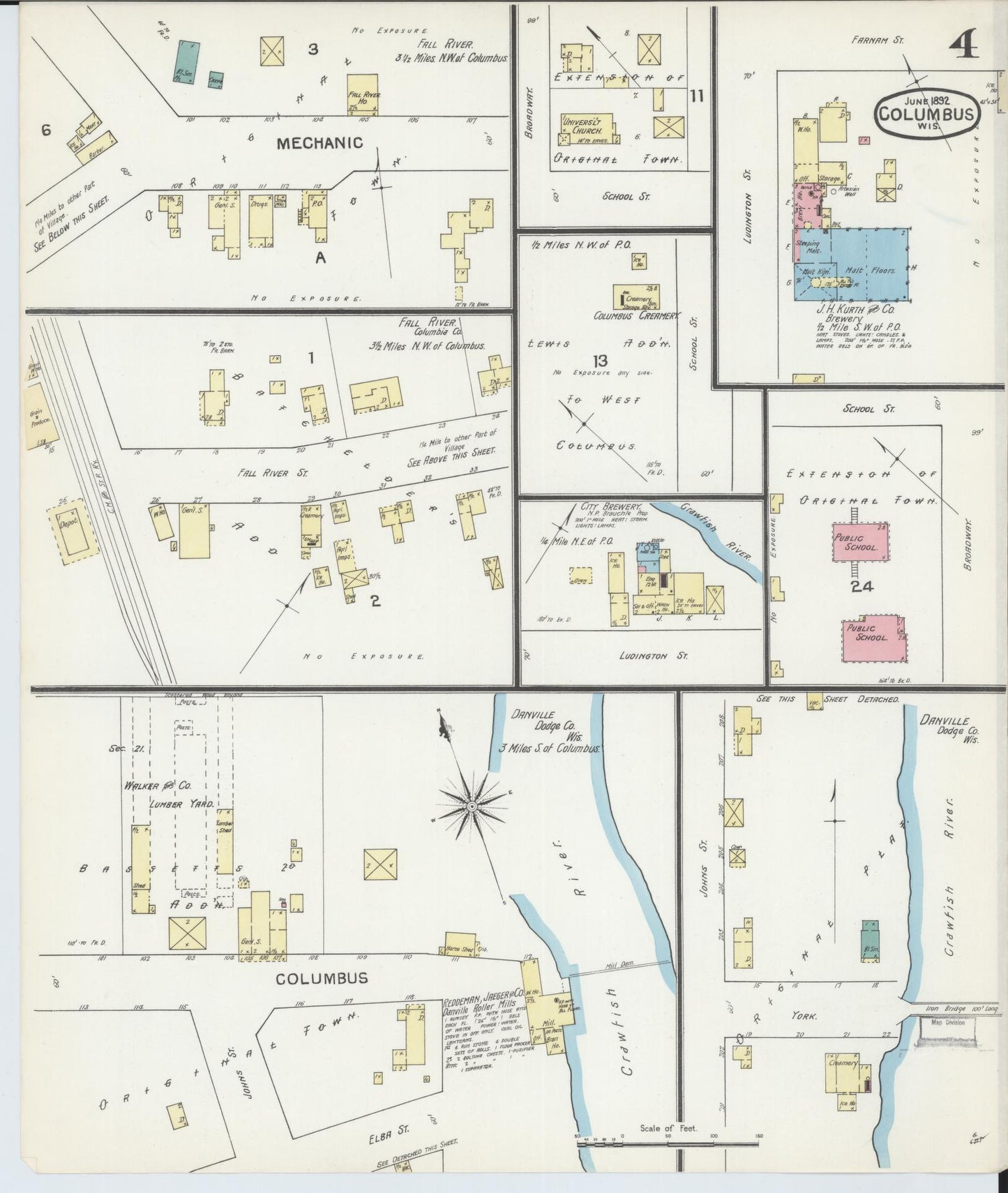 Sanborn Fire Insurance Map from Columbus, Columbia and Dodge County, Wisconsin (1892), Sheet #0004 - Historic Sanborn Fire Insurance Map Print, vintage old map wall art, antique decor, genealogy gift, Wisconsin Wisconsin map