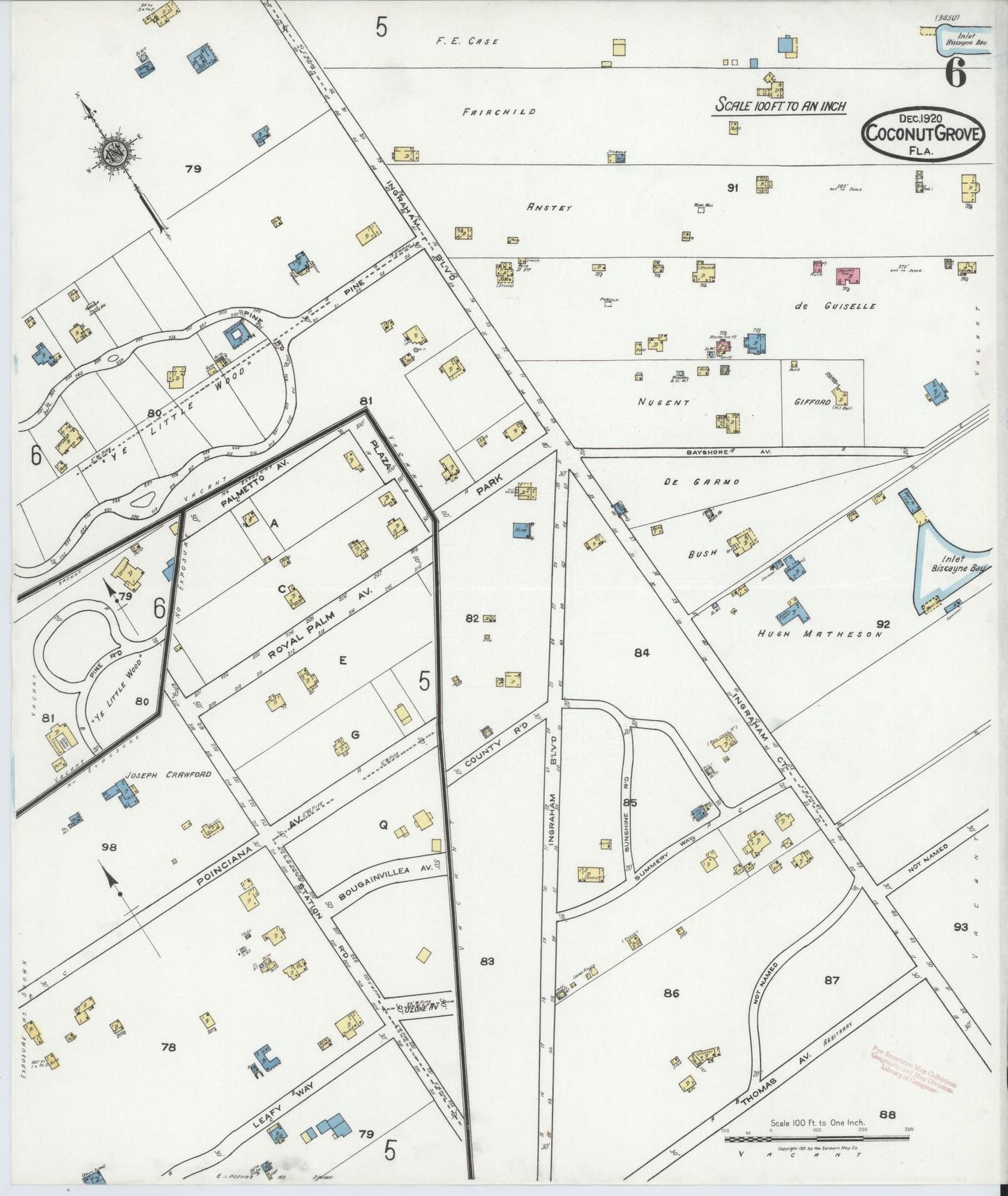 Sanborn Fire Insurance Map from Coconut Grove, Dade County, Florida (1920), Sheet #0006 - Complete Map Set gallery image, historic Sanborn map, vintage wall art, Florida Florida