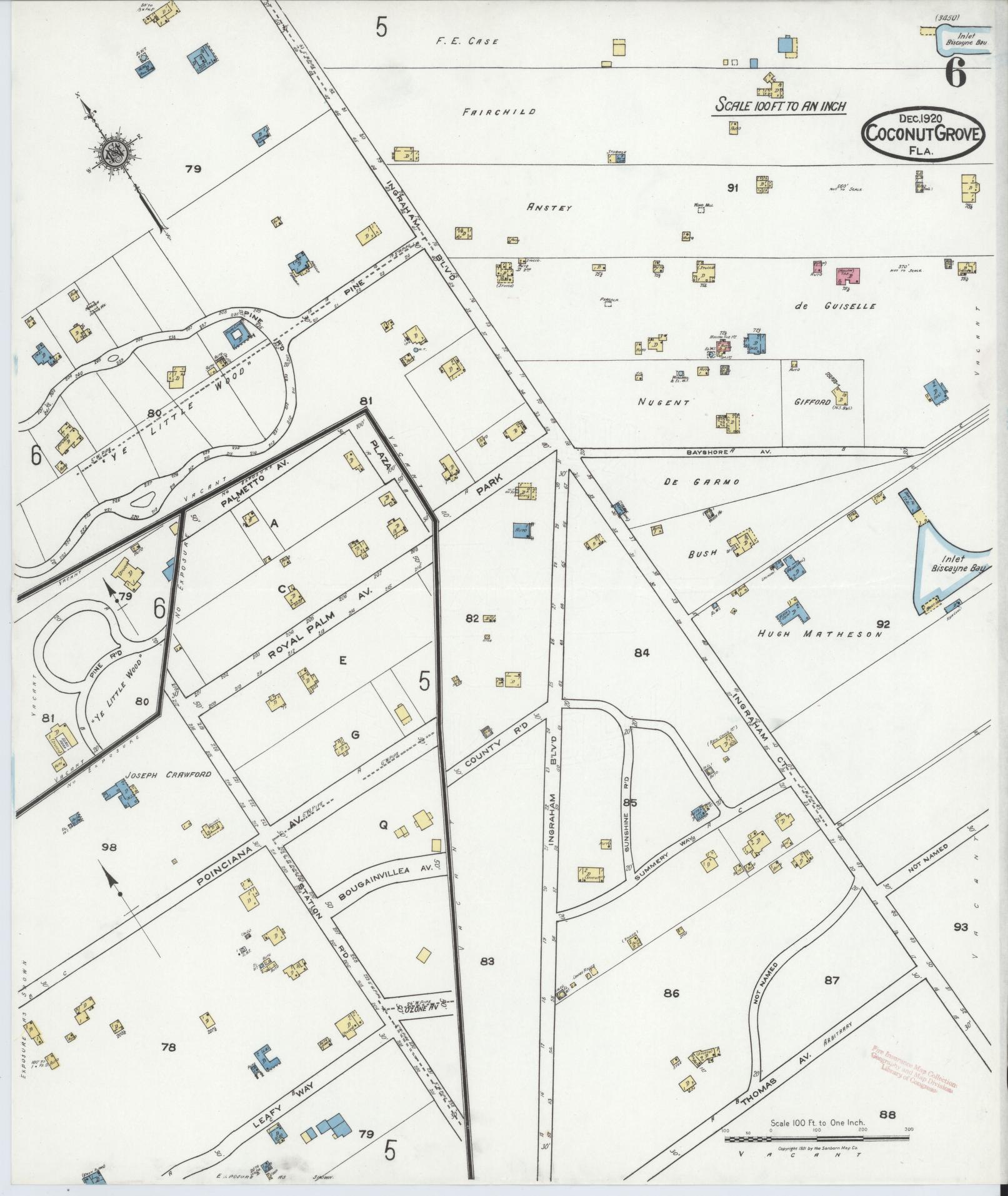 Sanborn Fire Insurance Map from Coconut Grove, Dade County, Florida (1920), Sheet #0006 - Complete Map Set gallery image, historic Sanborn map, vintage wall art, Florida Florida