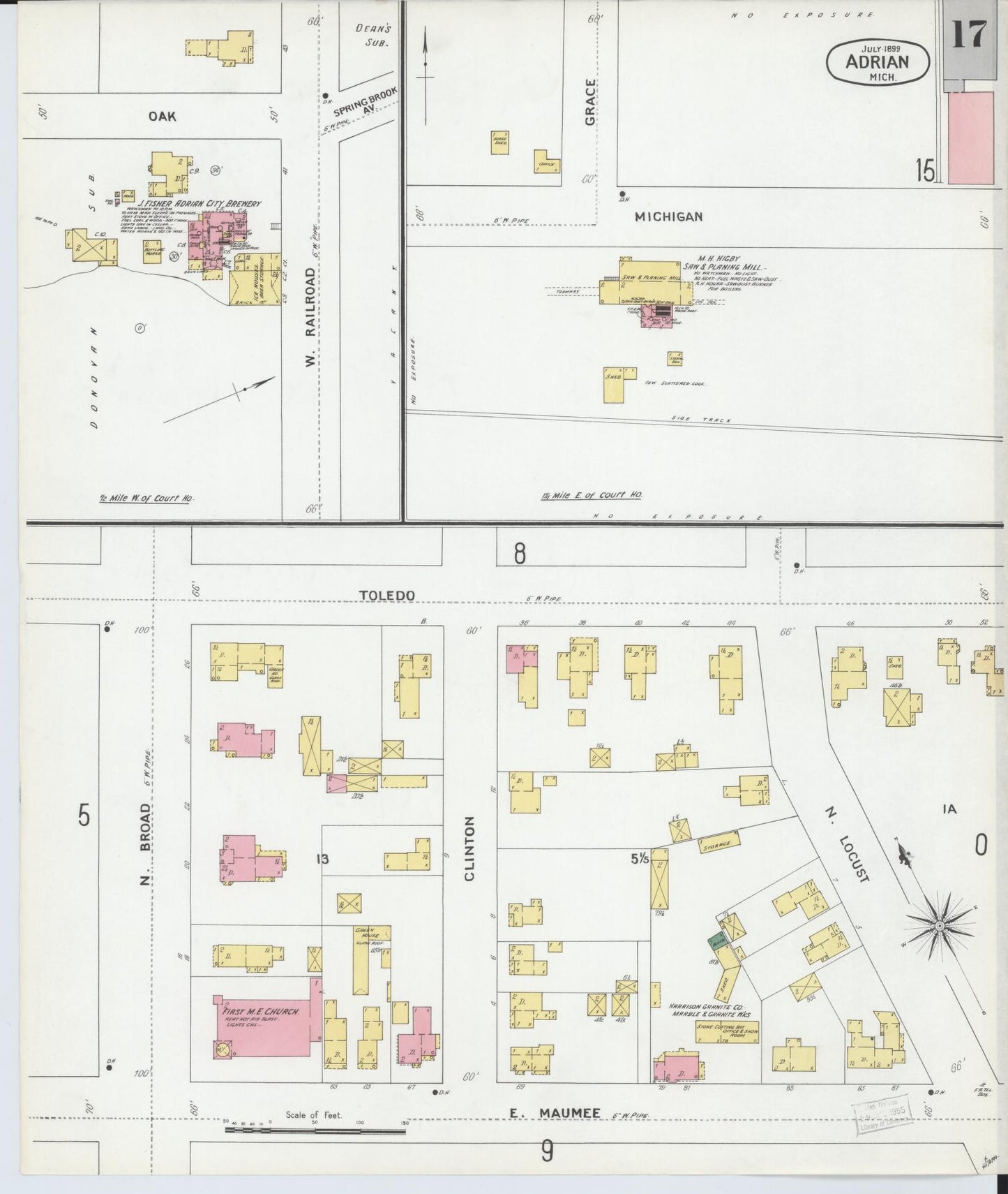 Sanborn Fire Insurance Map from Adrian, Lenawee County, Michigan (1899), Sheet #0017 - Complete Map Set gallery image, historic Sanborn map, vintage wall art, Michigan Michigan