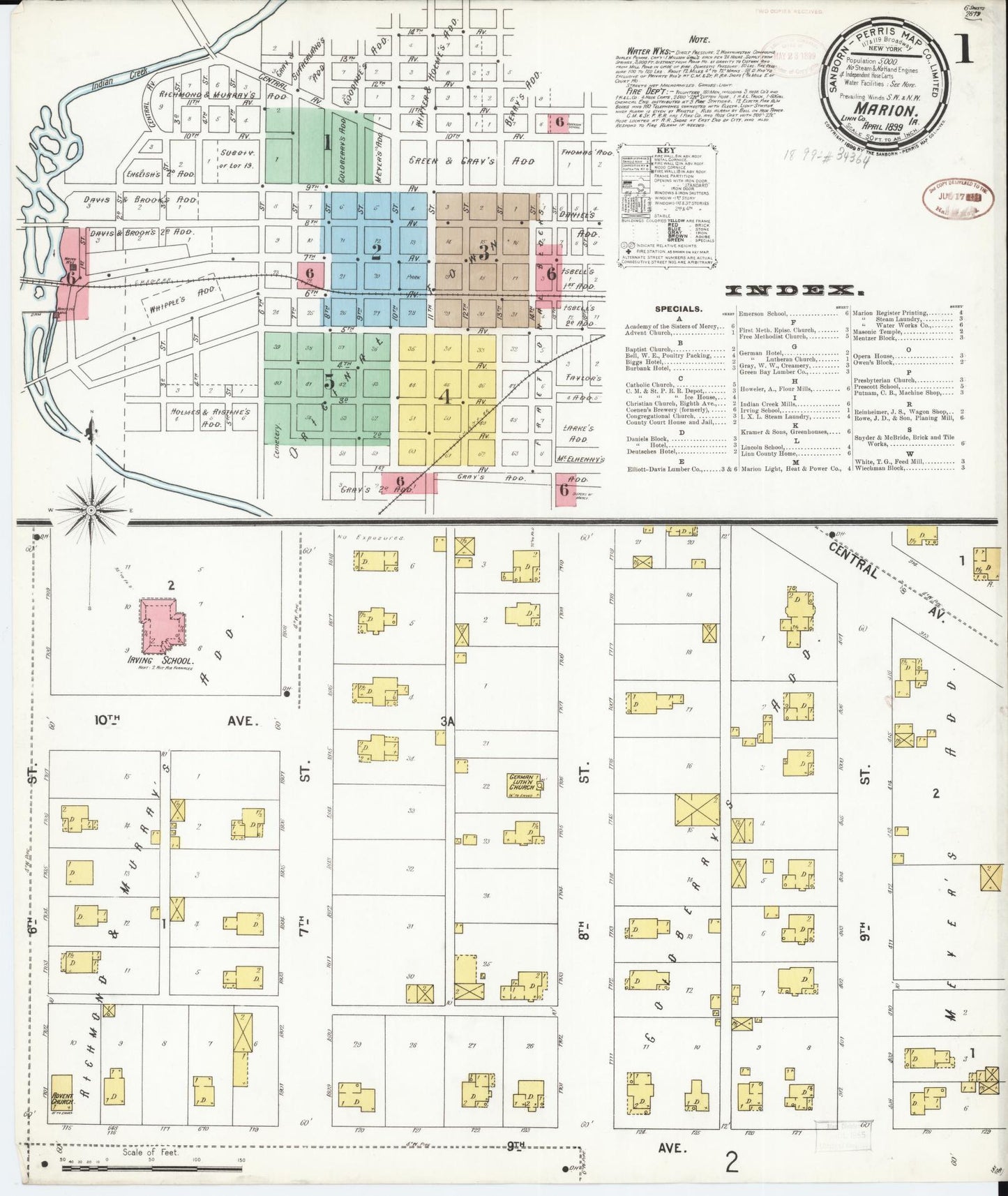 Sanborn Fire Insurance Map from Marion, Linn County, Iowa (1899), Sheet #0001 - Historic Sanborn Fire Insurance Map Print