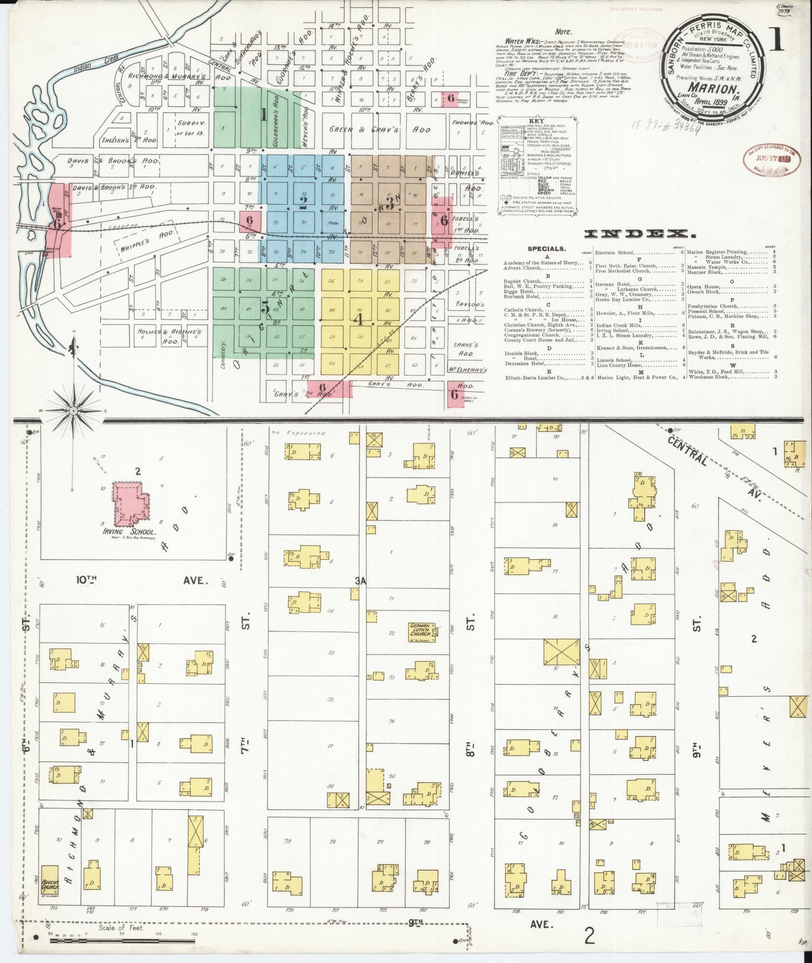 Sanborn Fire Insurance Map from Marion, Linn County, Iowa (1899), Sheet #0001 - Historic Sanborn Fire Insurance Map Print