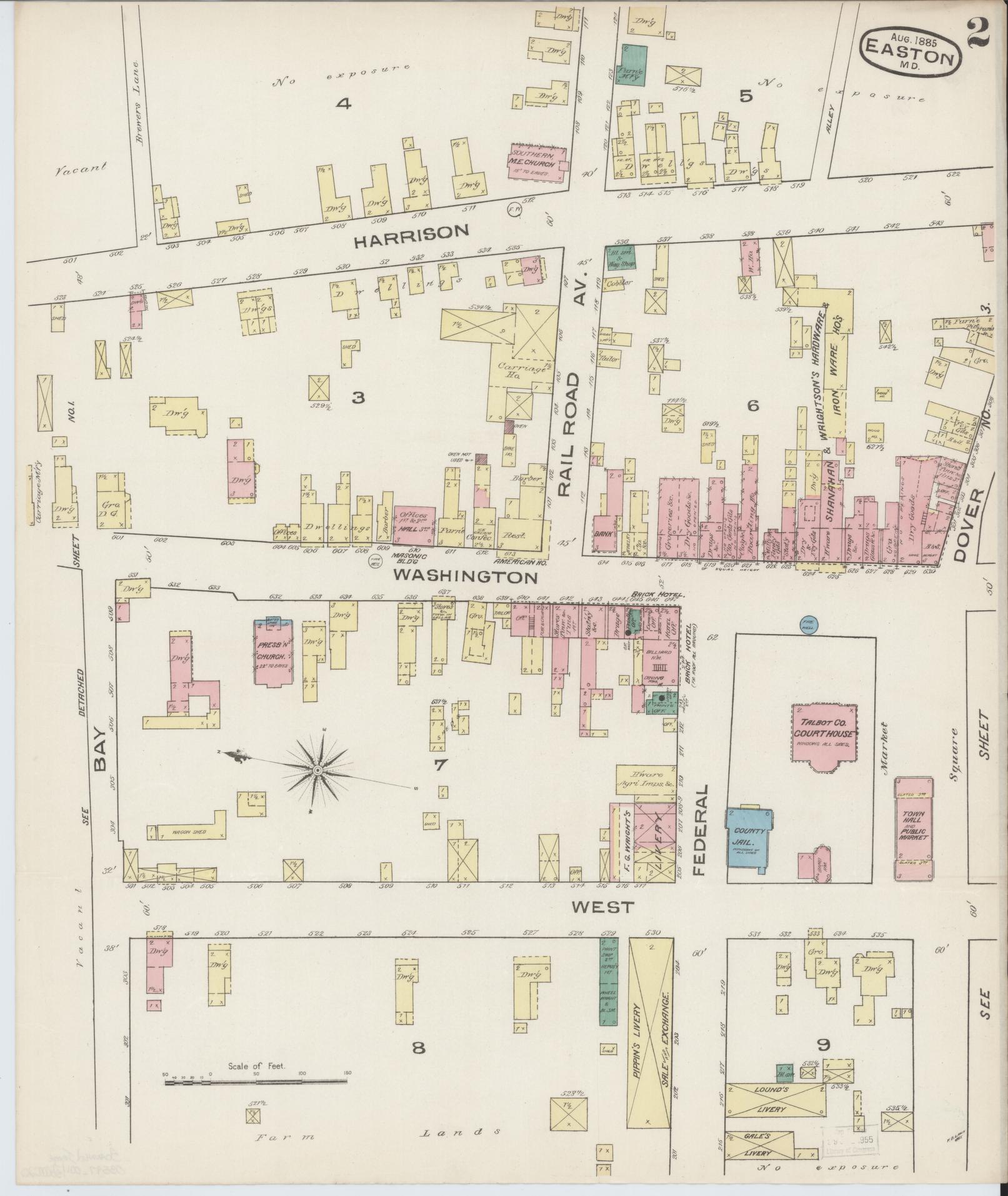 Sanborn Fire Insurance Map from Easton, Talbot County, Maryland (1885), Sheet #0002 - Historic Sanborn Fire Insurance Map Print, vintage old map wall art, antique decor, genealogy gift, Maryland Maryland map