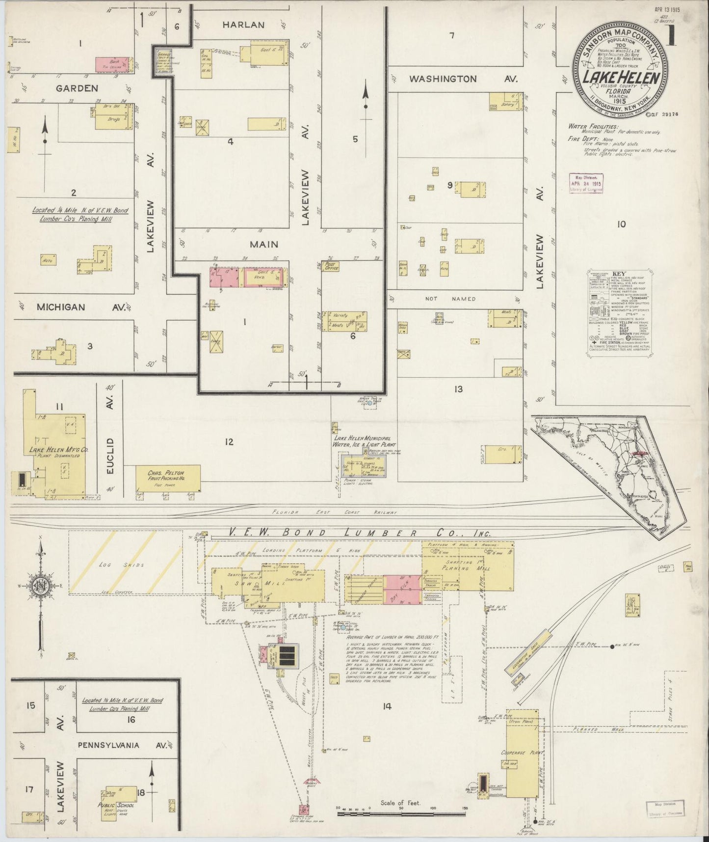 Sanborn Fire Insurance Map from Lake Helen, Volusia County, Florida (1915), Sheet #0001 - Complete Map Set gallery image, historic Sanborn map, vintage wall art, Florida Florida