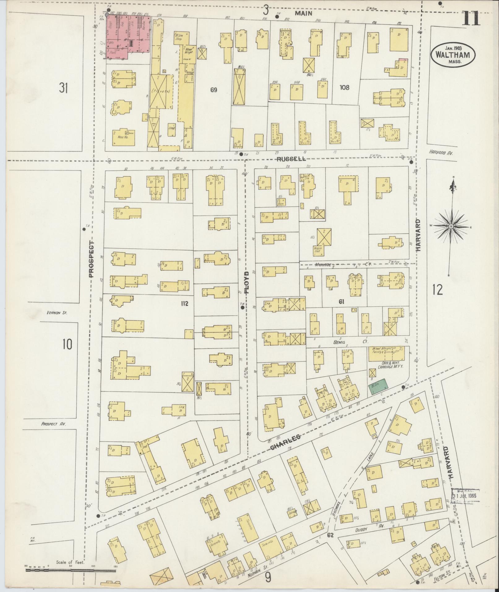 Sanborn Fire Insurance Map from Waltham, Middlesex County, Massachusetts (1903), Sheet #0011 - Historic Sanborn Fire Insurance Map Print, vintage old map wall art, antique decor, genealogy gift, Massachusetts Massachusetts map