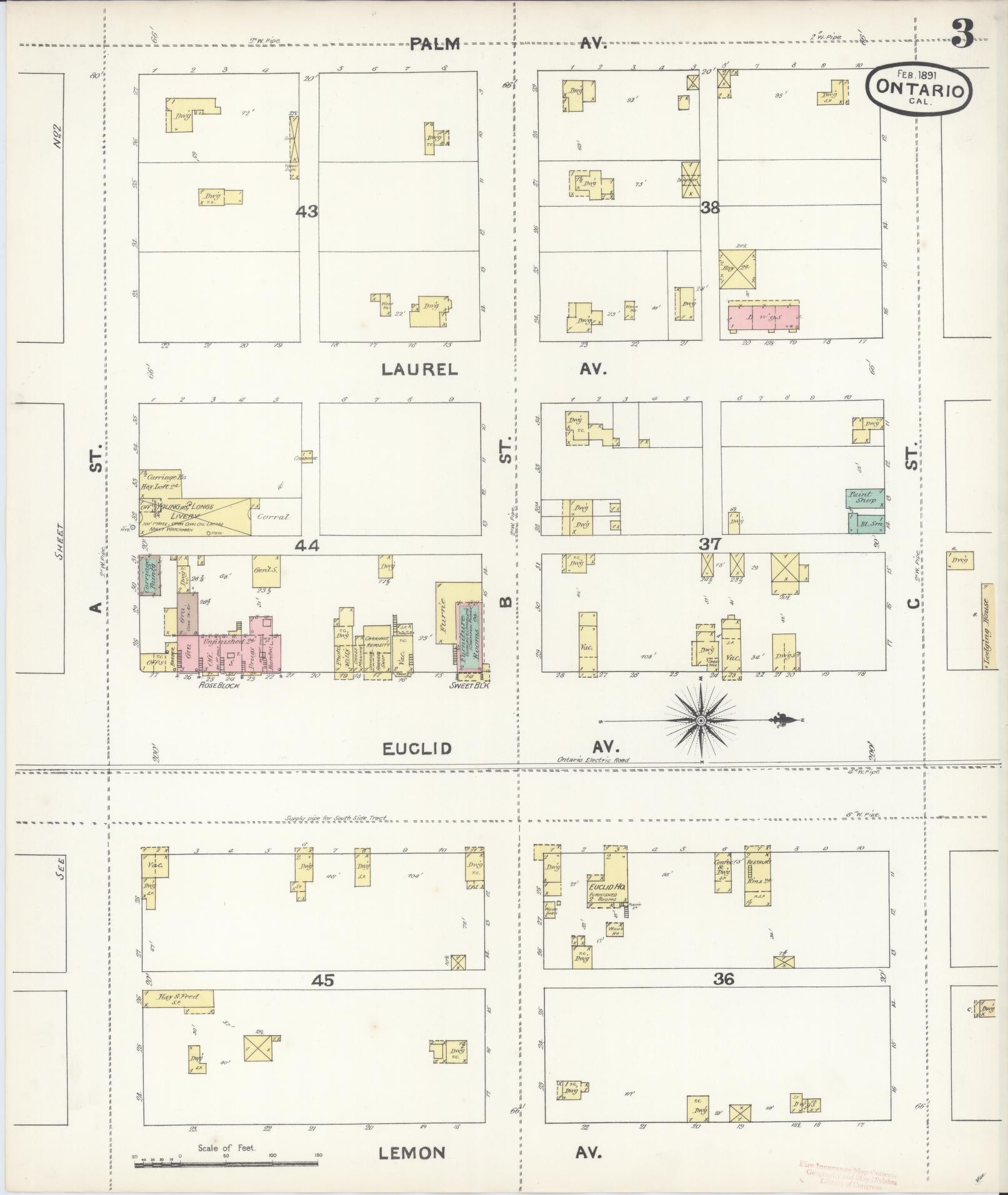 Sanborn Fire Insurance Map from Ontario, San Bernardino County, California (1891), Sheet #0003 - Historic Sanborn Fire Insurance Map Print, vintage old map wall art, antique decor, genealogy gift, California California map
