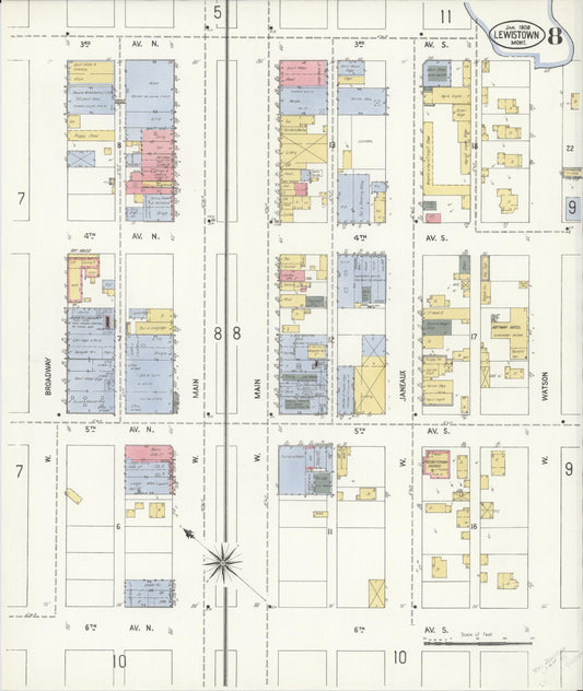 Sanborn Fire Insurance Map from Lewistown, Fergus County, Montana (1908), Sheet #0007 - Historic Sanborn Fire Insurance Map Print, vintage old map wall art, antique decor, genealogy gift, Montana Montana map