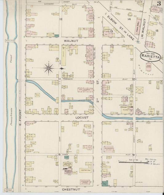 Sanborn Fire Insurance Map from Marietta, Lancaster County, Pennsylvania (1886), Sheet #0003 - Historic Sanborn Fire Insurance Map Print, vintage old map wall art, antique decor, genealogy gift, Pennsylvania Pennsylvania map