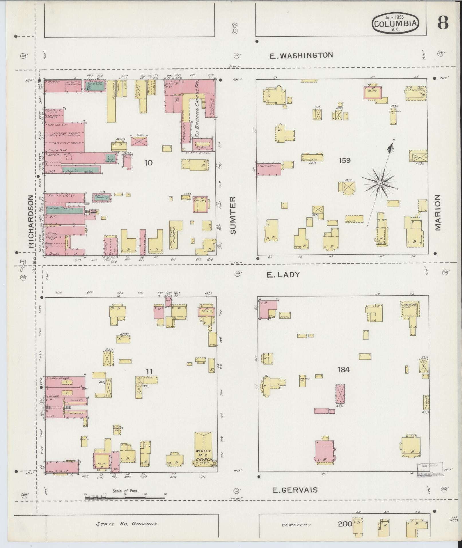 Sanborn Fire Insurance Map from Columbia, Richland County, South Carolina (1893), Sheet #0008 - Complete Map Set gallery image, historic Sanborn map, vintage wall art, South Carolina South Carolina