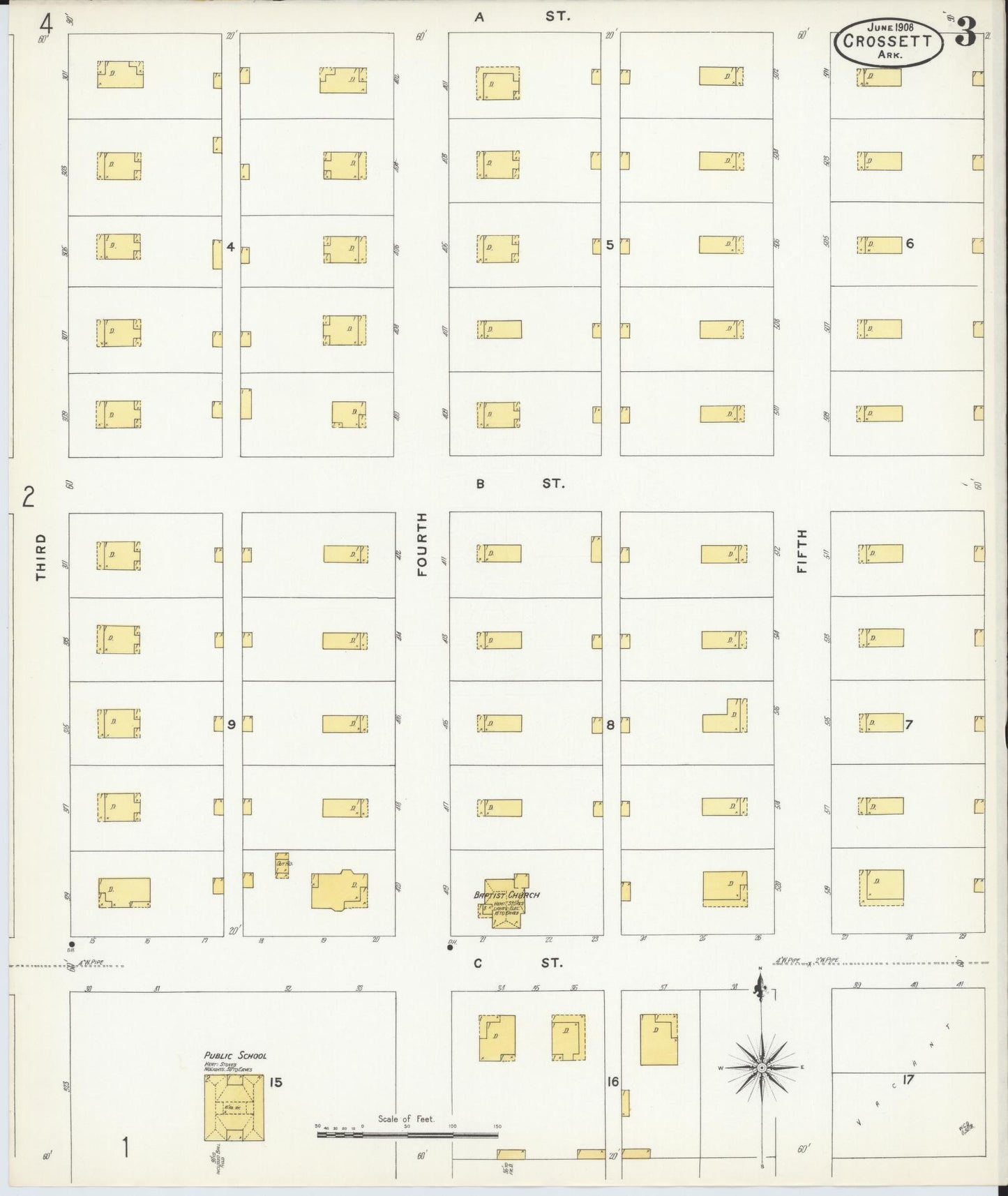 Sanborn Fire Insurance Map from Crossett, Ashley County, Arkansas (1908), Sheet #0003 - Complete Map Set gallery image, historic Sanborn map, vintage wall art, Arkansas Arkansas