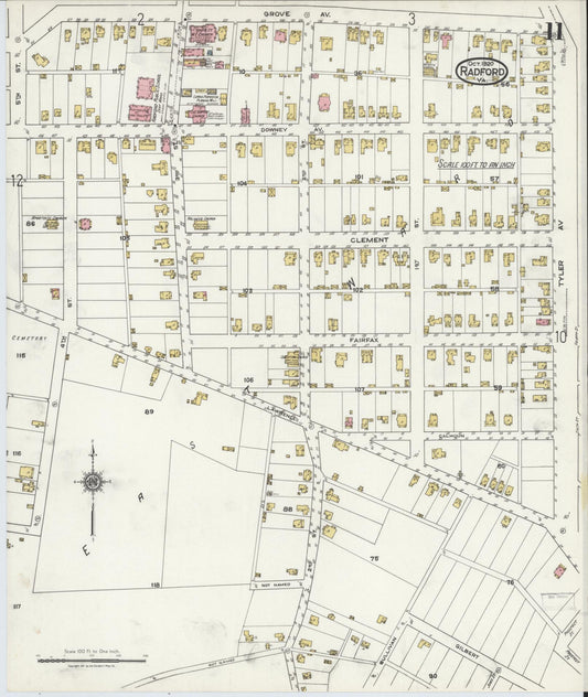 Sanborn Fire Insurance Map from Radford, Independent Cities, Virginia (1920), Sheet #0011 - Historic Sanborn Fire Insurance Map Print, vintage old map wall art, antique decor, genealogy gift, Virginia Virginia map