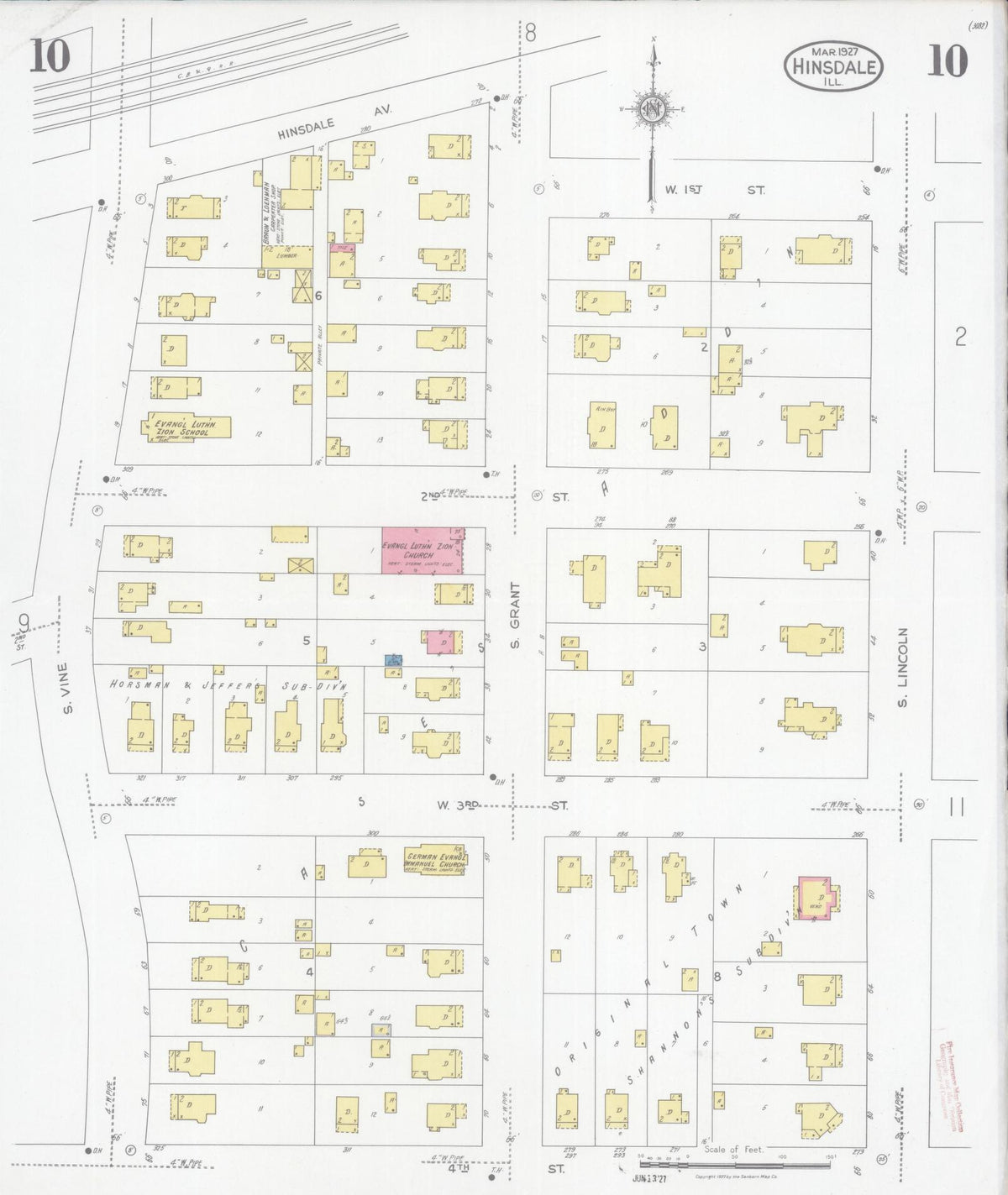 Sanborn Fire Insurance Map from Hinsdale, Du Page And Cook Counties, Illinois (1927), Sheet #0010 - Historic Sanborn Fire Insurance Map Print, vintage old map wall art, antique decor, genealogy gift, Illinois Illinois map