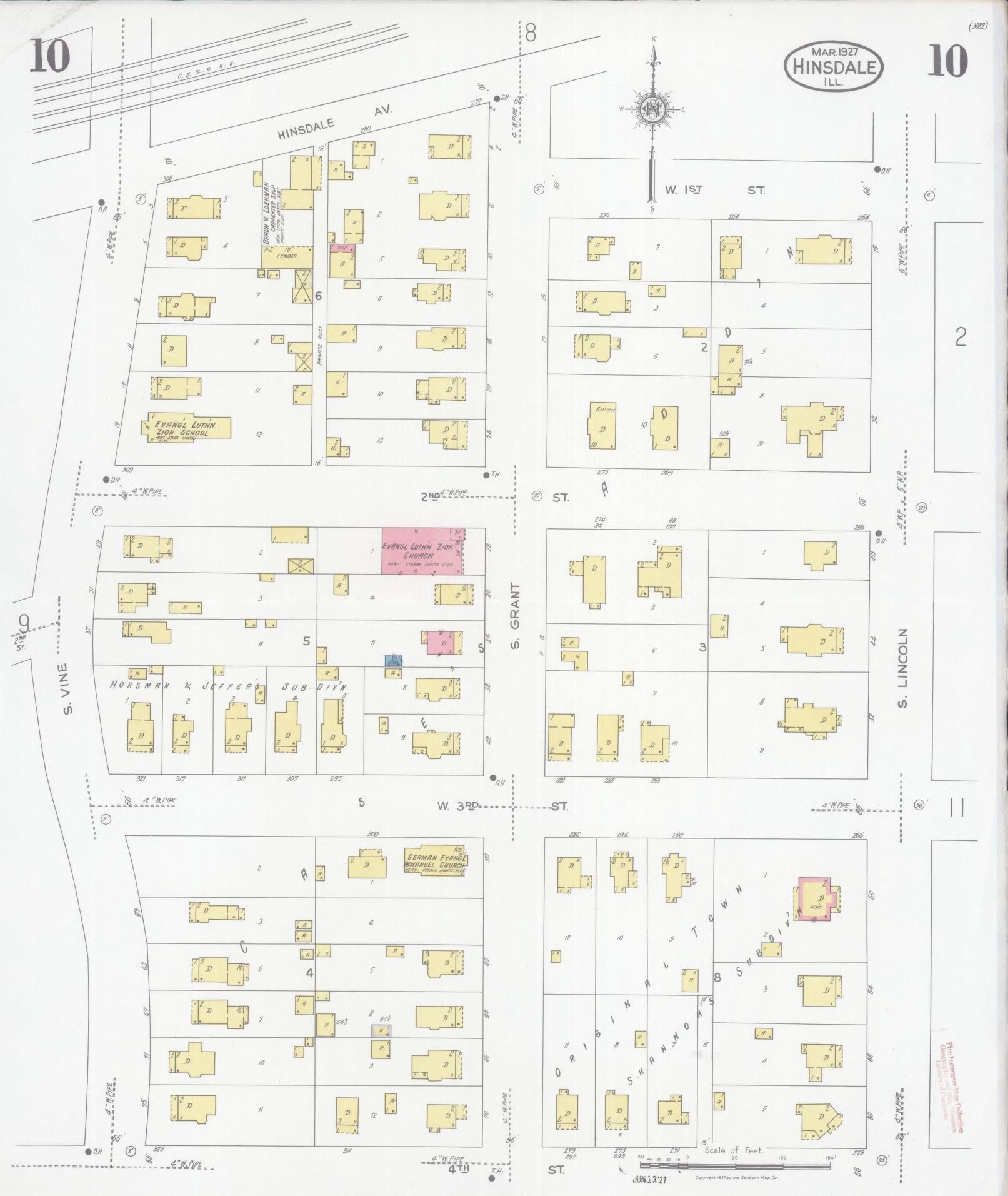 Sanborn Fire Insurance Map from Hinsdale, Du Page And Cook Counties, Illinois (1927), Sheet #0010 - Historic Sanborn Fire Insurance Map Print, vintage old map wall art, antique decor, genealogy gift, Illinois Illinois map