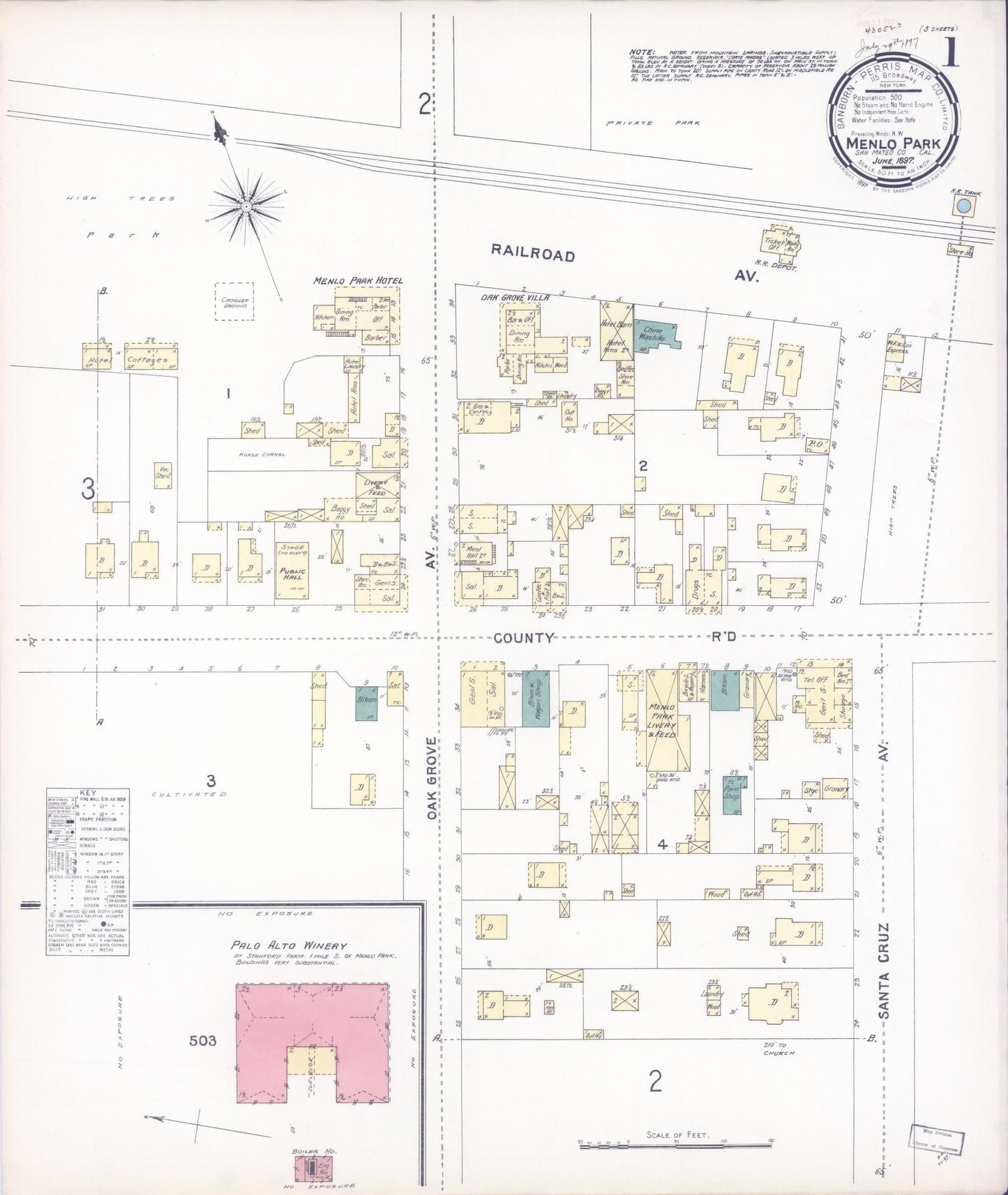 Sanborn Fire Insurance Map from Menlo Park, San Mateo County, California (1897), Sheet #0001 - Historic Sanborn Fire Insurance Map Print, vintage old map wall art, antique decor, genealogy gift, California California map