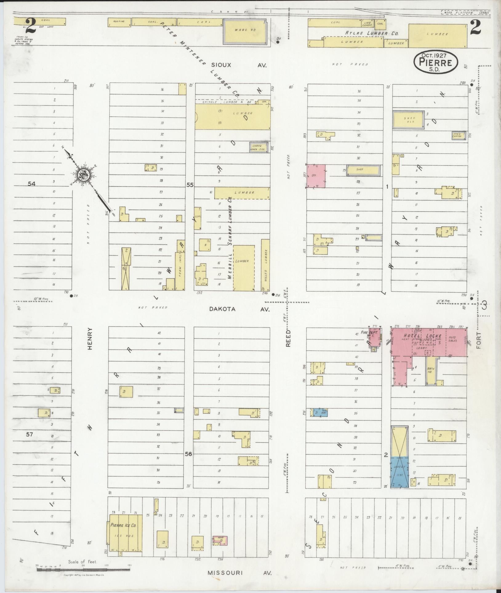 Sanborn Fire Insurance Map from Pierre, Hughes County, South Dakota (1927), Sheet #0002 - Historic Sanborn Fire Insurance Map Print, vintage old map wall art, antique decor, genealogy gift, South Dakota South Dakota map