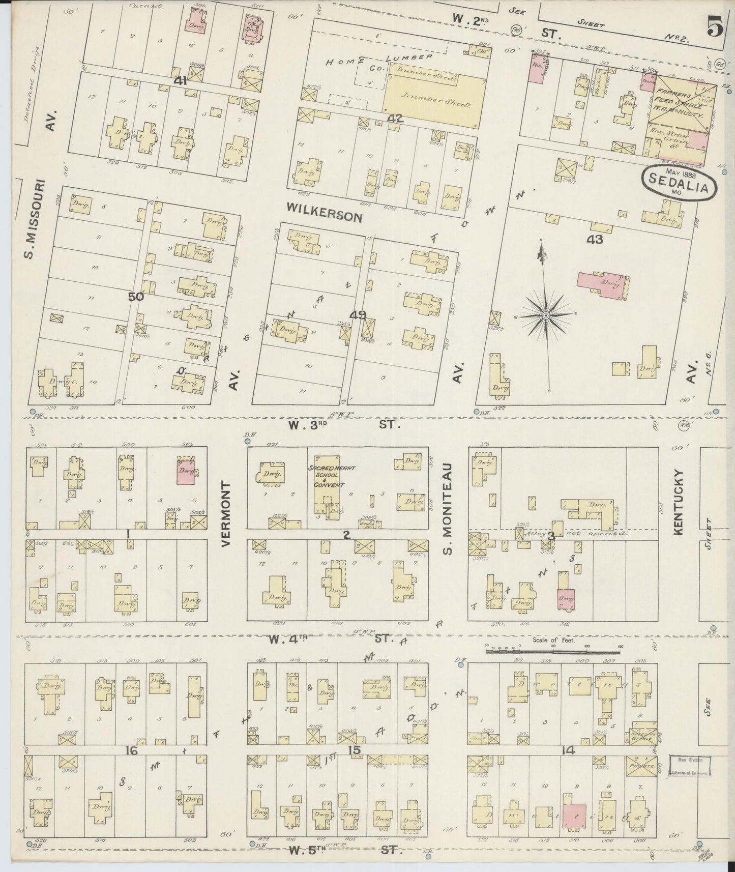 Sanborn Fire Insurance Map from Sedalia, Pettis County, Missouri (1888), Sheet #0005 - Historic Sanborn Fire Insurance Map Print, vintage old map wall art, antique decor, genealogy gift, Missouri Missouri map