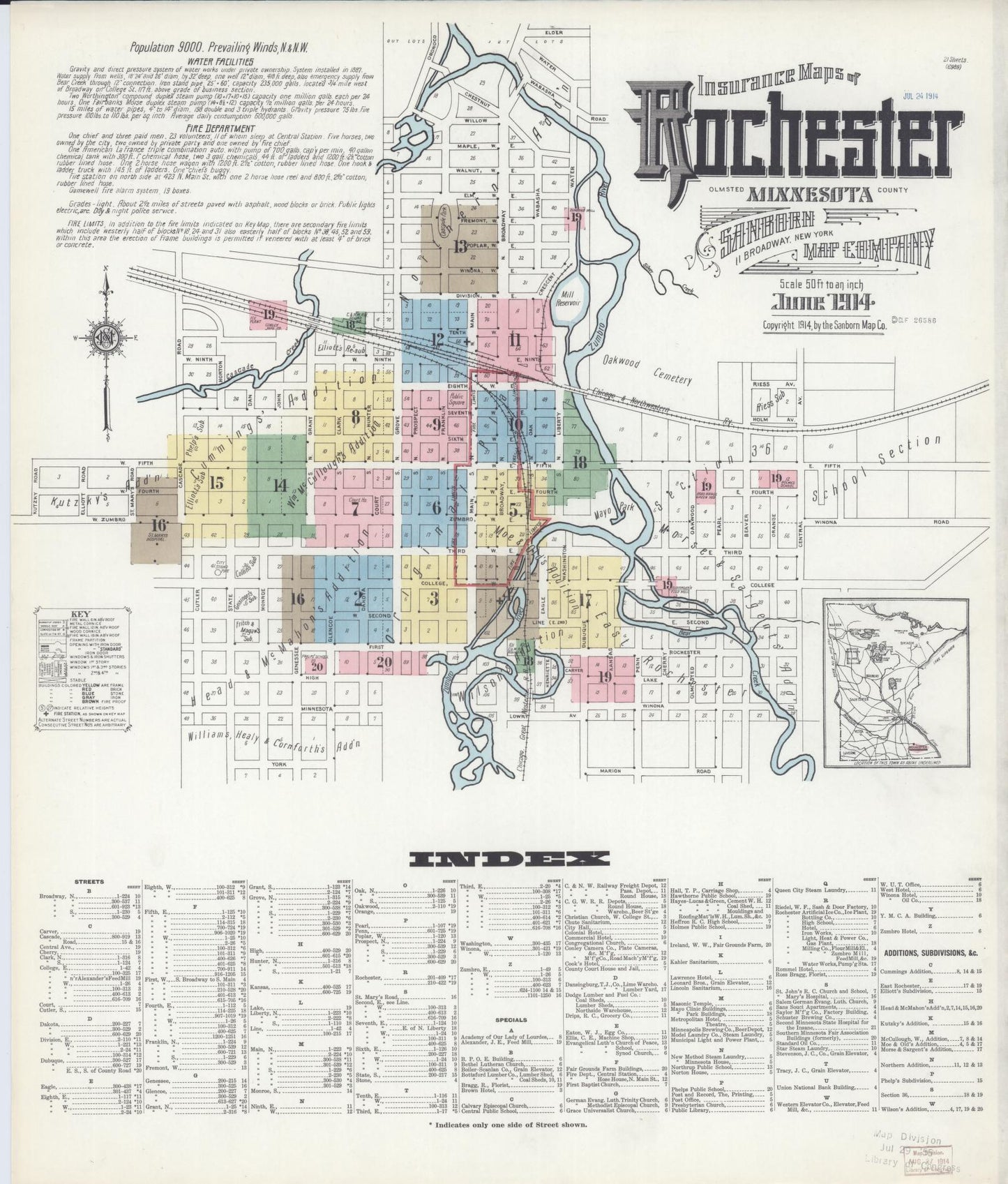 Sanborn Fire Insurance Map from Rochester, Olmsted County, Minnesota (1914), Sheet #0001 - Historic Sanborn Fire Insurance Map Print, vintage old map wall art, antique decor, genealogy gift, Minnesota Minnesota map