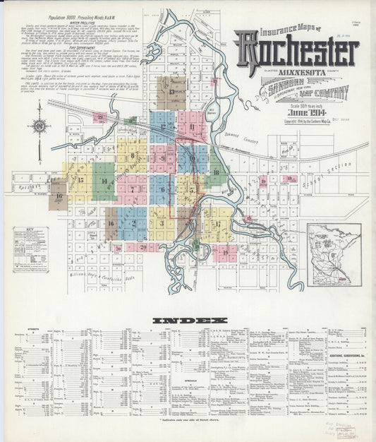 Sanborn Fire Insurance Map from Rochester, Olmsted County, Minnesota (1914), Sheet #0001 - Historic Sanborn Fire Insurance Map Print, vintage old map wall art, antique decor, genealogy gift, Minnesota Minnesota map