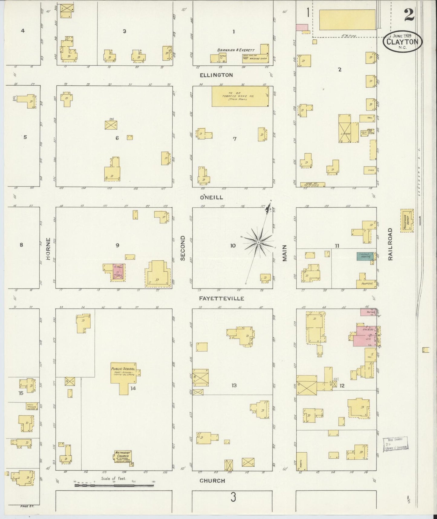 Sanborn Fire Insurance Map from Clayton, Johnston County, North Carolina (1909), Sheet #0002 - Complete Map Set gallery image, historic Sanborn map, vintage wall art, North Carolina North Carolina