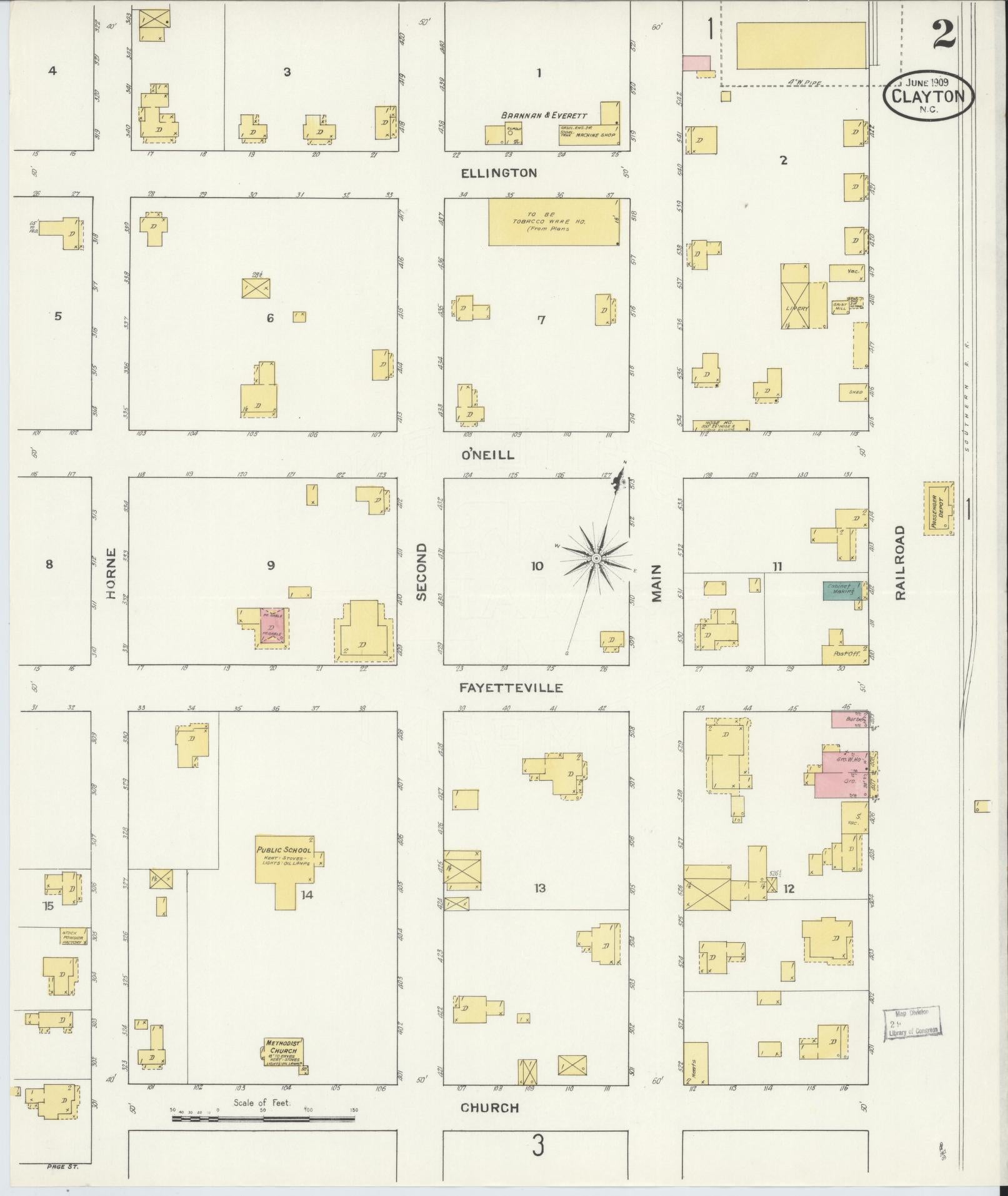 Sanborn Fire Insurance Map from Clayton, Johnston County, North Carolina (1909), Sheet #0002 - Complete Map Set gallery image, historic Sanborn map, vintage wall art, North Carolina North Carolina