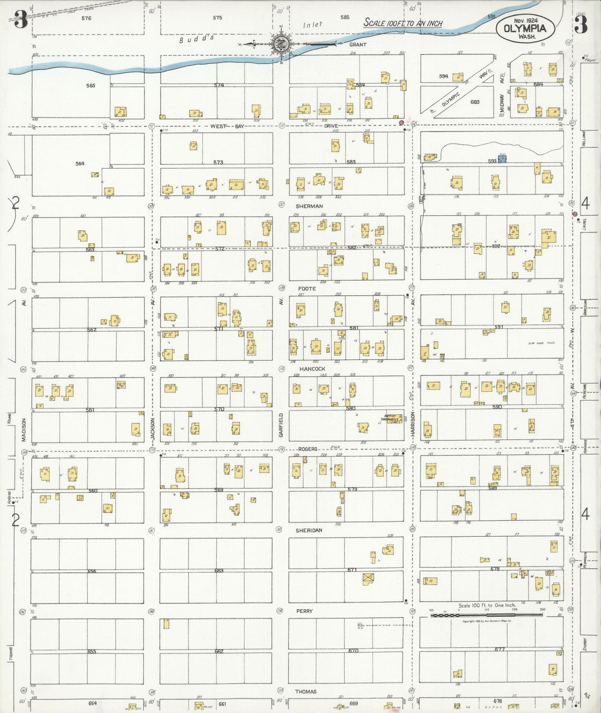 Sanborn Fire Insurance Map from Olympia, Thurston County, Washington (1924), Sheet #0003 - Historic Sanborn Fire Insurance Map Print, vintage old map wall art, antique decor, genealogy gift, Washington Washington map
