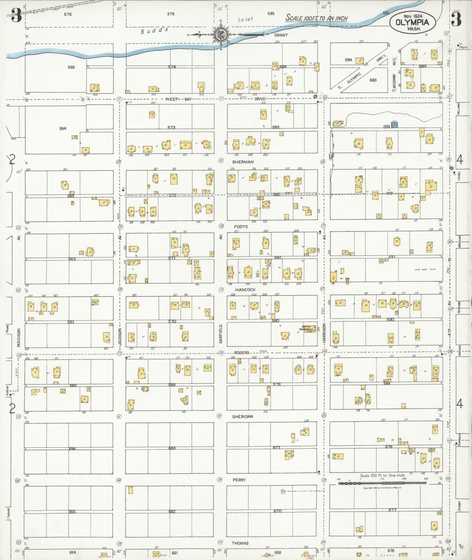 Sanborn Fire Insurance Map from Olympia, Thurston County, Washington (1924), Sheet #0003 - Historic Sanborn Fire Insurance Map Print, vintage old map wall art, antique decor, genealogy gift, Washington Washington map