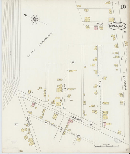 Sanborn Fire Insurance Map from Cumberland, Allegany County, Maryland (1887), Sheet #0016 - Historic Sanborn Fire Insurance Map Print, vintage old map wall art, antique decor, genealogy gift, Maryland Maryland map