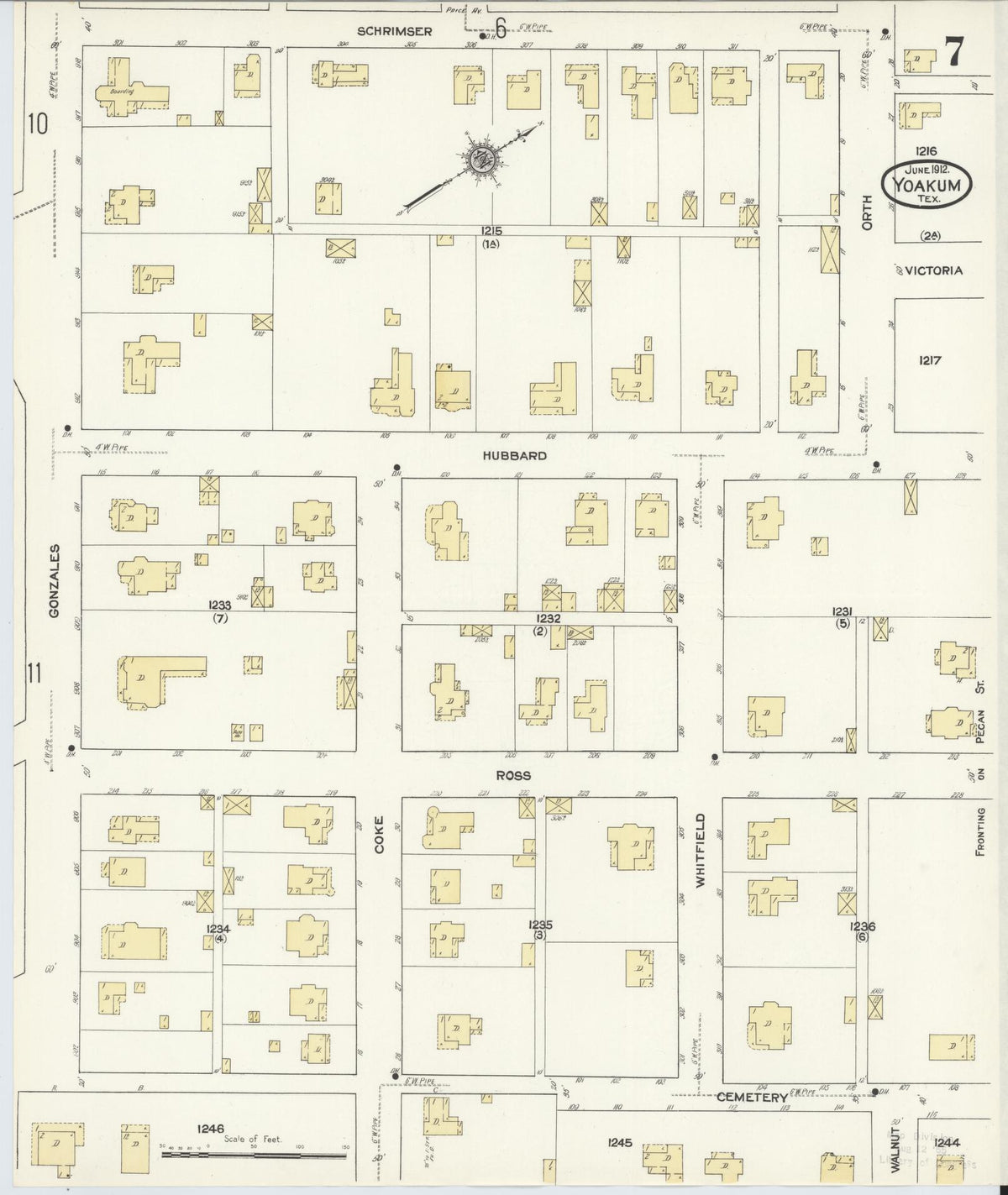 Sanborn Fire Insurance Map from Yoakum, De Witt And Lavaca Counties, Texas (1912), Sheet #0007 - Complete Map Set gallery image, historic Sanborn map, vintage wall art, Texas Texas