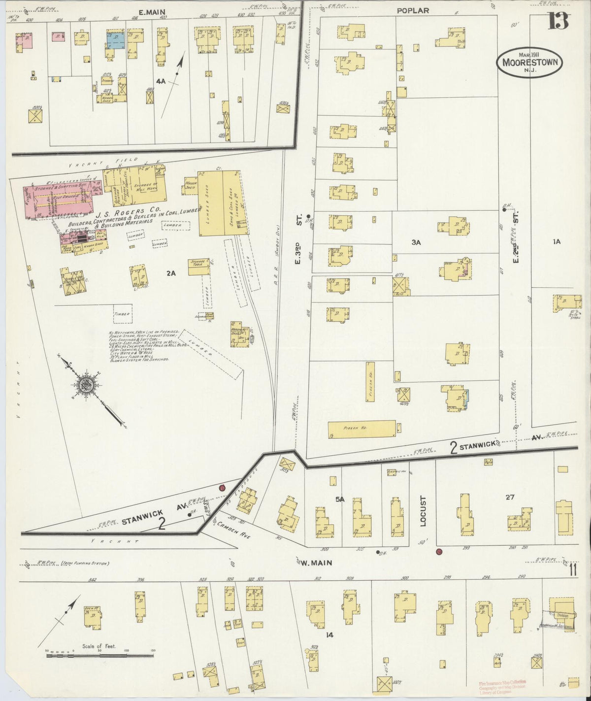 Sanborn Fire Insurance Map from Moorestown, Burlington County, New Jersey (1911), Sheet #0013 - Complete Map Set gallery image, historic Sanborn map, vintage wall art, New Jersey New Jersey