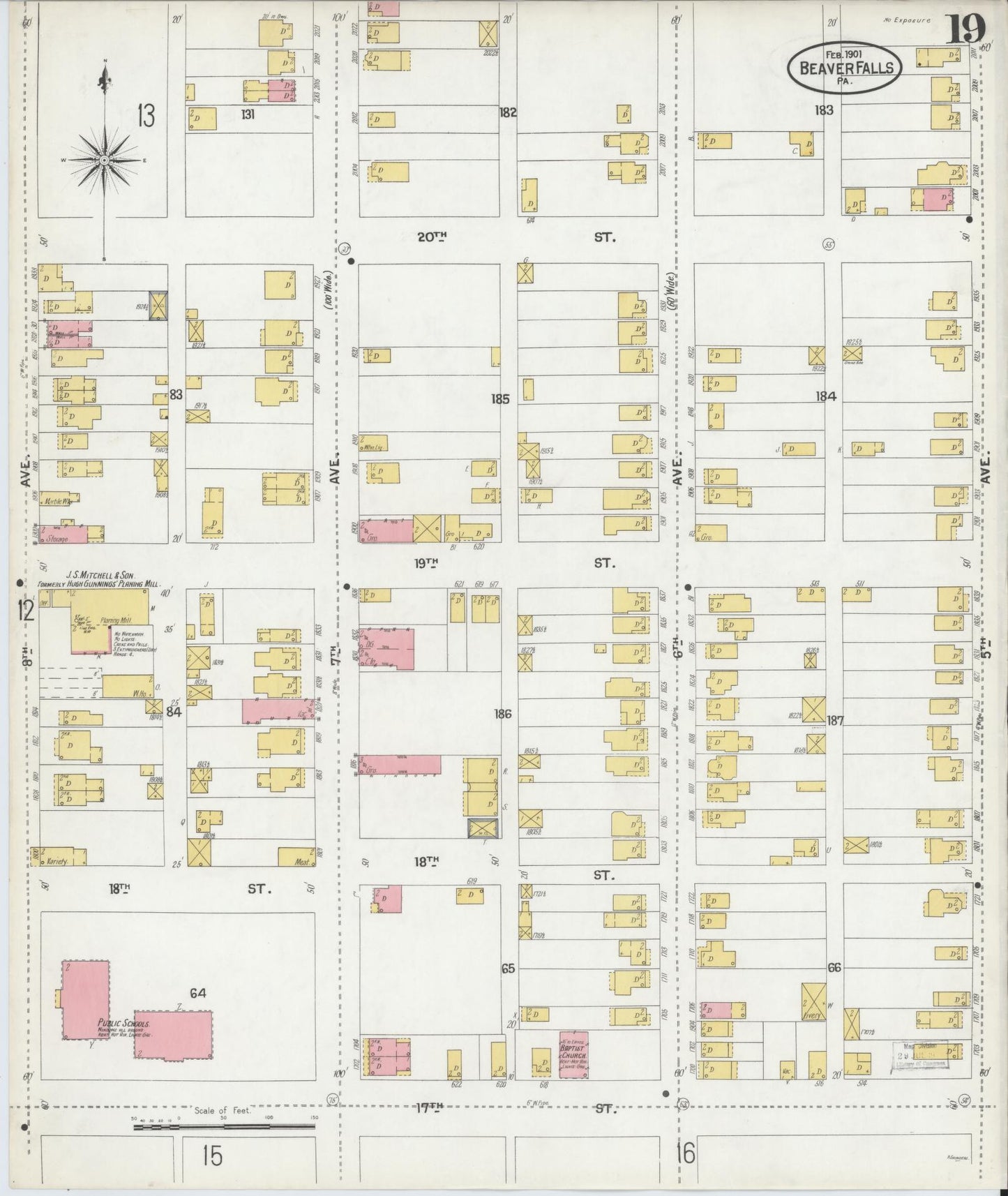 Sanborn Fire Insurance Map from Beaver Falls, Beaver County, Pennsylvania (1901), Sheet #0019 - Historic Sanborn Fire Insurance Map Print, vintage old map wall art, antique decor, genealogy gift, Pennsylvania Pennsylvania map