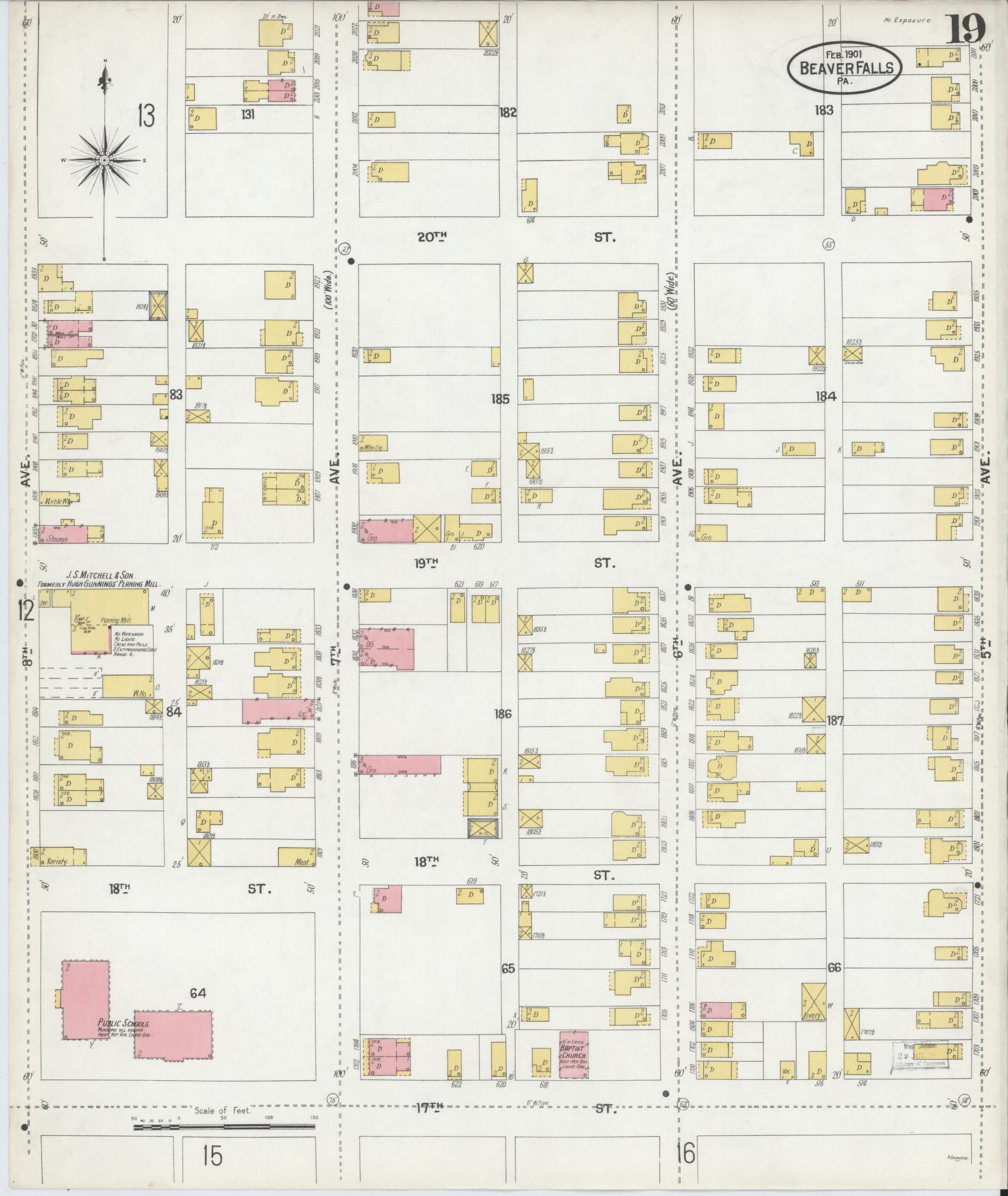 Sanborn Fire Insurance Map from Beaver Falls, Beaver County, Pennsylvania (1901), Sheet #0019 - Historic Sanborn Fire Insurance Map Print, vintage old map wall art, antique decor, genealogy gift, Pennsylvania Pennsylvania map