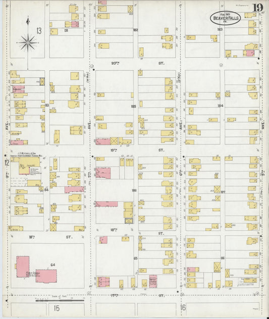 Sanborn Fire Insurance Map from Beaver Falls, Beaver County, Pennsylvania (1901), Sheet #0019 - Historic Sanborn Fire Insurance Map Print, vintage old map wall art, antique decor, genealogy gift, Pennsylvania Pennsylvania map