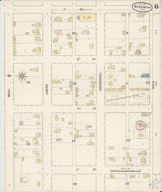 Sanborn Fire Insurance Map from Bozeman, Gallatin County, Montana (1889), Sheet #0006 - Historic Sanborn Fire Insurance Map Print, vintage old map wall art, antique decor, genealogy gift, Montana Montana map