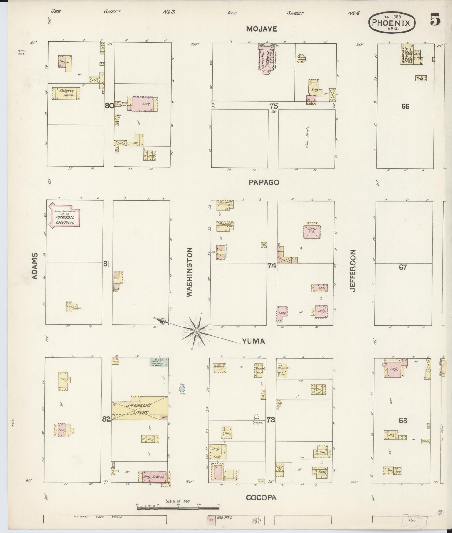 Sanborn Fire Insurance Map from Phoenix, Maricopa County, Arizona (1889), Sheet #0005 - Historic Sanborn Fire Insurance Map Print, vintage old map wall art, antique decor, genealogy gift, Arizona Arizona map