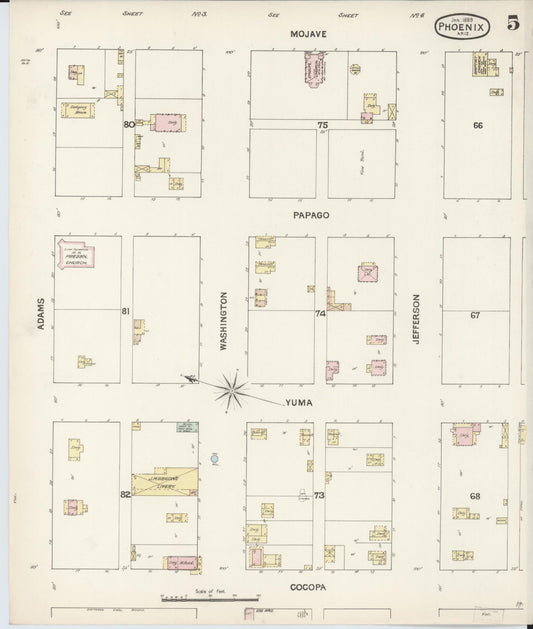 Sanborn Fire Insurance Map from Phoenix, Maricopa County, Arizona (1889), Sheet #0005 - Historic Sanborn Fire Insurance Map Print, vintage old map wall art, antique decor, genealogy gift, Arizona Arizona map