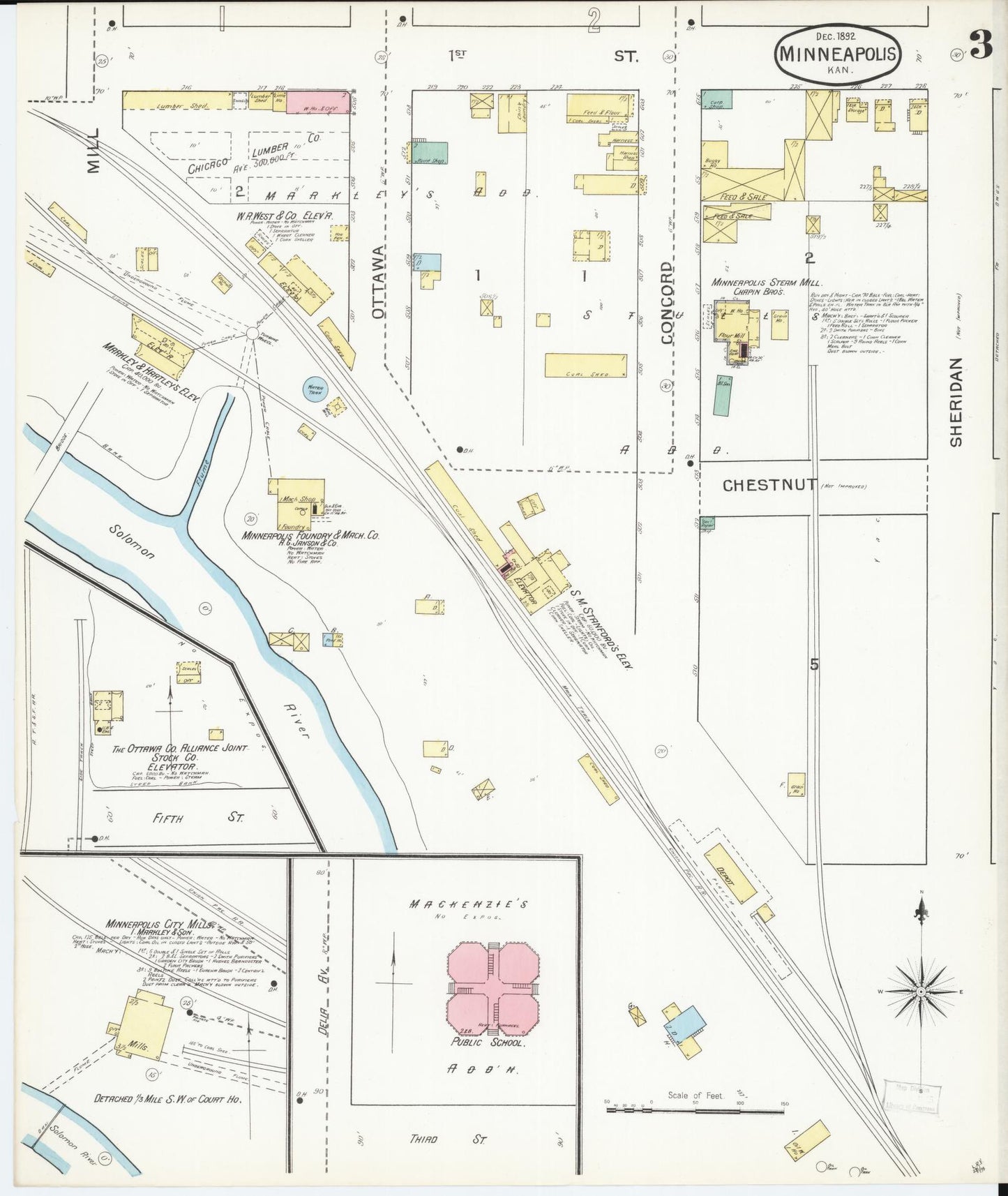 Sanborn Fire Insurance Map from Minneapolis, Ottawa  County, Kansas (1892), Sheet #0003 - Historic Sanborn Fire Insurance Map Print, vintage old map wall art, antique decor, genealogy gift, Kansas Kansas map