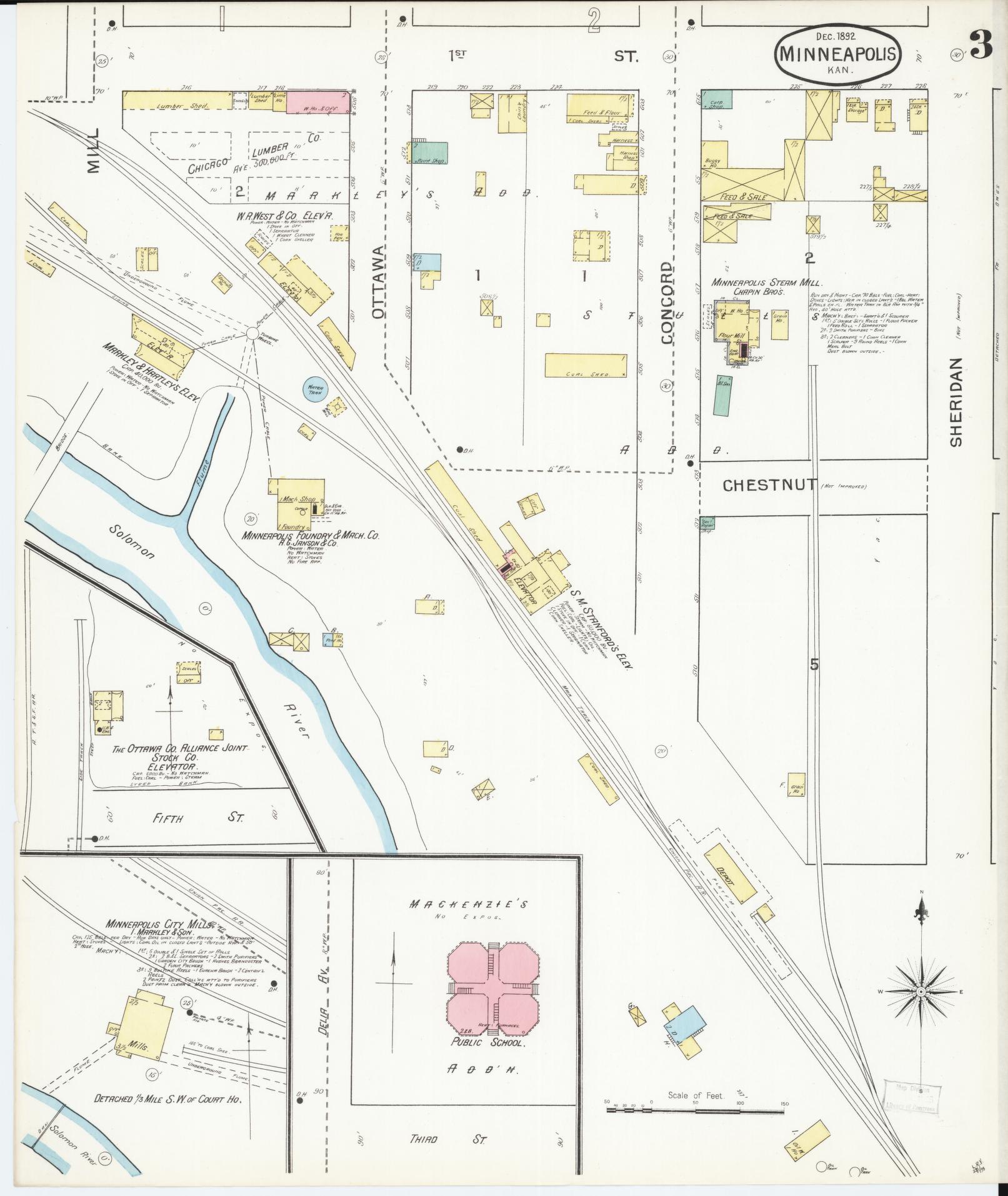 Sanborn Fire Insurance Map from Minneapolis, Ottawa  County, Kansas (1892), Sheet #0003 - Historic Sanborn Fire Insurance Map Print, vintage old map wall art, antique decor, genealogy gift, Kansas Kansas map